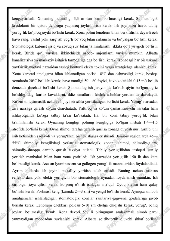 oblar yordamida davolaydi. ko‘zni toliqtirmaslik uchun ish joyi bir xilda yoritiladigan bo‘lishi kerak. yorug‘ narsadan xira narsaga qarash ko‘zni charchatadi. yaltiroq va ko‘zni qamashtiruvchi narsalar ham ishlayotganda ko‘zga salbiy ta’sir ko‘rsatadi. har bir xona tabiiy yorug‘lik bilan ta’minlanishi kerak. oynaning kengligi polning kengligiga bo‘lgan nisbati 1:4—1:5 atrofida bo‘lishi kerak. oyna shimol tarafga qaratib qurilsa xonaga quyosh nuri tushib, uni isib ketishidan saqlaydi va yorug‘likni bir tekisligiga erishiladi. janubiy regionlarda 45—55°c shimoliy kenglikdagi yerlarda stomatologik xonani shimol, shimoliy-g‘arb, shimoliy-sharqqa qaratib qurish tavsiya etiladi. tabiiy yorug‘likdan tashqari sun’iy yoritish manbalari bilan ham xona yoritiladi. ish yuzasida yorug‘lik 150 lk dan kam bo‘lmasligi kerak. asosan lyuminessent va gallogen yorug‘lik manbalaridan foydalaniladi. ayrim hollarda ish joyini maxalliy yoritish talab etiladi. buning uchun maxsus reflektordan, yoki elektr yoritgichi bor stomatologik oynadan foydalanish mumkin. ish tartibiga rioya qilish kerak, ko‘proq o‘tirib ishlagan ma’qul. oyoq kiyimi ham qulay bo‘lishi kerak. poshnasi keng (kamida 2—3 sm) va yengil …