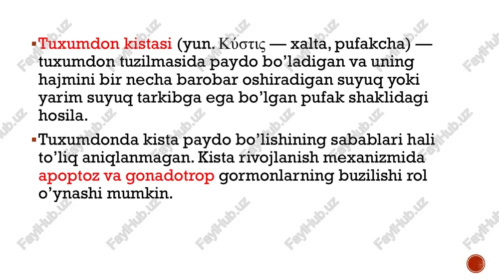 bo’ladi. og’riq kuchayishi, bundan tashqari ko’ngil aynishi, qusish bilan kechishi, qorin bo’shlig’iga tarqalishi va asoratlar rivojlanishida (kistaning buralishi yoki yorilishida) to’g’ri ichakka o’tishi mumkin. dermoid kistalar ko’pincha buralib qolsa, lyuteinli kistalarda yorilish ko’proq kuzatiladi. follikulyar kistaning yorilishiga qisqa muddatli og’riq hamrohlik qilishi mumkin, ammo u salomatlik uchun xavf tug’dirmaydi. tashxislash tuxumdonda hajmli hosila paydo bo’lishi shifokor tomonidan ko’rik vaqtida aniqlanishi mumkin, ammo kista tashxisi ultratovushli tekshiruvdan so’ng qo’yiladi. ut tekshiruvning u yoki bu belgilariga ko’ra, ma’lum bir ehtimollik bilan tuxumdon kistasining ma’lum bir turini taxmin qilish mumkin. agar kista devorida zich tuzilmalar bo’lsa, saraton kasalligini istisno etish uchun onkomer ca-125 (saraton antigeni) uchun sinov o’tkaziladi. davolash  agar utt bo’yicha biron bir o’simtaning aniq belgilari (qattiq kiritmalar) aniqlanmasa, kichkina (1 sm gacha) bo’lgan kistalar uchun kutish taktikasi qo’llaniladi.   konservativ terapiya gormonal kontratseptivlarni qabul qilish orqali kistalarning o’sishini kamaytirish yoki oldini olishga qaratilgan.   jarrohlik amaliyotiga 2-3 hayz …