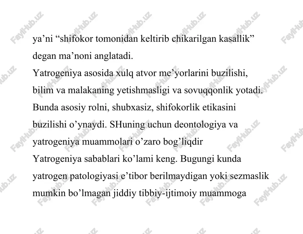 shuni esda tutishi kerakki, u be’mor uchun katta ma’lumot manbaidir va unga qarab be’mor o’z xolati haqidagi ma’lumotga ega bo’ladi. dori yatrogeniyasi – bu be’morda shifokor buyurgan dori moddalarini qabul qilingandan keyin kelib chiquvchi buzilishlardir. somatik yatrogeniyalar – bu turli xil tibbiy muolajalar (jarrohlik operatsiyalari, anesteziologik yordamlar, reanimatsion yordamlar, davolash-diagnostik muolajalar, profilaktik muolajalar) natijasida kelib chiquvchi kasallik. infeksion yatrogeniya – bu be’morda tibbiyot xodimlarining noto’g’ri xarakatlari tufayli kelib chiquvchi infeksiya. infeksion 494 yatrogeniyaning sababi diagnostik, organizatsion va davolash – profilaktik tadbirlarda aseptika konunlariga rioya qilmaslik. bundan tashqari infeksion yatrogeniya sababi gemokomponent terapiya va emlashlarni o’tkazishda ehtiyot qoidalarini buzish. faqatgina jarrohlik amaliyotining barcha bosqichlarida aseptika qoidalariga qat’iy rioya qilishgina infeksion yatrogeniyaning oldini olish imkonini beradi. barcha sanalgan yatrogeniyalarning jarrohlikka aloqasi bor. ayniqsa somatik yatrogeniyalar guruxidan eng xavflisi bo’lib diagnostik yatrogeniyalar xisoblanadi, u esa o’z ortidan noto’g’ri davolash, invaziv tekshirish usullaridan keyin infeksion asoratlar kelib chiqishi mumkin. tibbiyotda turli yatrogen patologiyalar kelib …