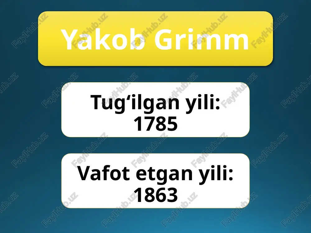 hujum qilgan pashshalarning birdaniga yettitasini yer tishlatgan” tikuvchi, bu ishini kamariga sirli ko‘rinishda yozib, sayohatga otlanadi. ertakdagi obrazlar tikuvchi gans murabbo sotuvchi xola ulkan odamlar qirol qirol jangchilari qaroqchilar yakkashox ertakdan olinadigan xulosa agar inson bolasi to‘g‘riso‘z, halol, mard, topqir va tirishqoq bo‘lsa, unga hech qanday yovuz kuch bas kelolmaydi. hayotini tinch va osuda, boshqalarga yaxshilik qilish bilan o‘tkazadi. odam mehnatiga, mashaqqatlariga beriladigan eng katta, tuganmas mukofot, aslida, shular emasmi? e’tiboringiz uchun rahmat! foydalanilgan adabiyot: adabiyot: umumiy o‘rta ta’lim maktablarining 5-sinfi uchun darslik. i qism / s. ahmedov, b. qosimov, r. qo‘chqorov, sh. rizayev. – t.: «sharq», 2020. ushbu taqdimot slaydi mahsulotidir. diqqat! ushbu mahsulotni tijoriy maqsadda ko‘paytirish javobgarlikka sabab bo‘ladi! image16.jpg image17.jpeg image9.png image18.jpeg image19.jpg image20.jpg image21.jpg image22.jpg image23.jpg image11.png image12.png image15.png image2.png /docprops/thumbnail.jpeg aka-uka grimmiar hayoti va. jodi, “botir tikuvchi” ertagi