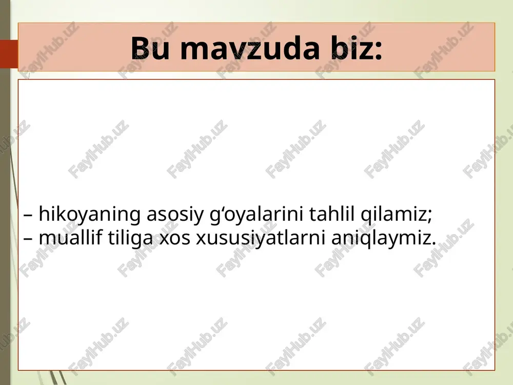 ydalanadi: oqposhsho – rossiya imperiyasi hukmdorini xalqimiz shunday atagan; ellikboshi – mahalla yoki ovul rahbari; mingboshi – tuman yoki daha hokimi; amin – bir necha qishloqni boshqargan amaldor; pristav – politsiya boshlig‘i; tilmoch – tarjimon. asar qahramonlari qobil bobo o’g’ri qobil boboning kampiri amin pristav ellikboshi egamberdi paxtafurush diqqat! savol! “dehqonning uyi kuysa kuysin, ho‘kizi yo‘qolmasin. … ho‘kiz topish uchun necha zamonlar qozonni suvga tashlab qo‘yish kerak bo‘ladi”. o‘ylab ko‘ring­chi, nega ho‘kiz dehqon uchun juda muhim hayvon bo‘lgan? ho’kizi yo‘qolgan qobil boboning holati qobil bobo yalangbosh, yalangoyoq, yaktakchan og‘il eshigi yonida turib dag‘-dag‘ titraydi, tizzalari bukilib-bukilib ketadi; ko‘zlari javdiraydi, hammaga qaraydi, ammo hech kimni ko‘rmaydi. qobil boboning holatiga e’tibor bering. nega u “titraydi, tizzalari bukilib ketadi, ko‘zlari javdiraydi”? asardagi ellikboshining “portret”i ellikboshi ho‘kizni juda naqd qilib qo‘ydi – go‘yo u ko‘chaga chiqsa bas – ho‘kiz topiladi. bu “xudo yallaqagur” shunchalik qilgandan keyin bir nima berish lozim-da. tekinga mushuk oftobga chiqmaydi. …