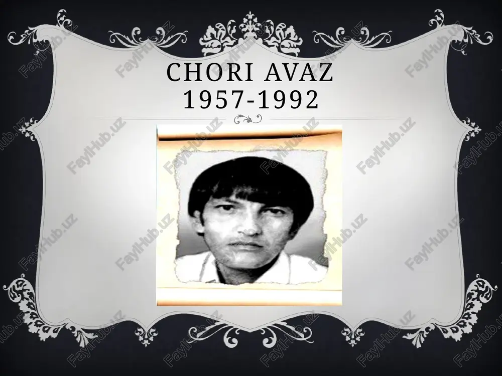 hori avaz tavallud topgan kun chori avaz (1957-1992) hayotlik chog‘ida “tortilgan kamon», «uyg‘onishdan o‘zga tole izlama», «kuz ertasi» (1992) degan she’riy to‘plamlari nashr etilgan edi. uning daftaridagi talay she’rlari shoir vafotidan keyin o‘quvchi qo‘liga yetib bordi. image3.png image4.jpeg image2.png /docprops/thumbnail.jpeg