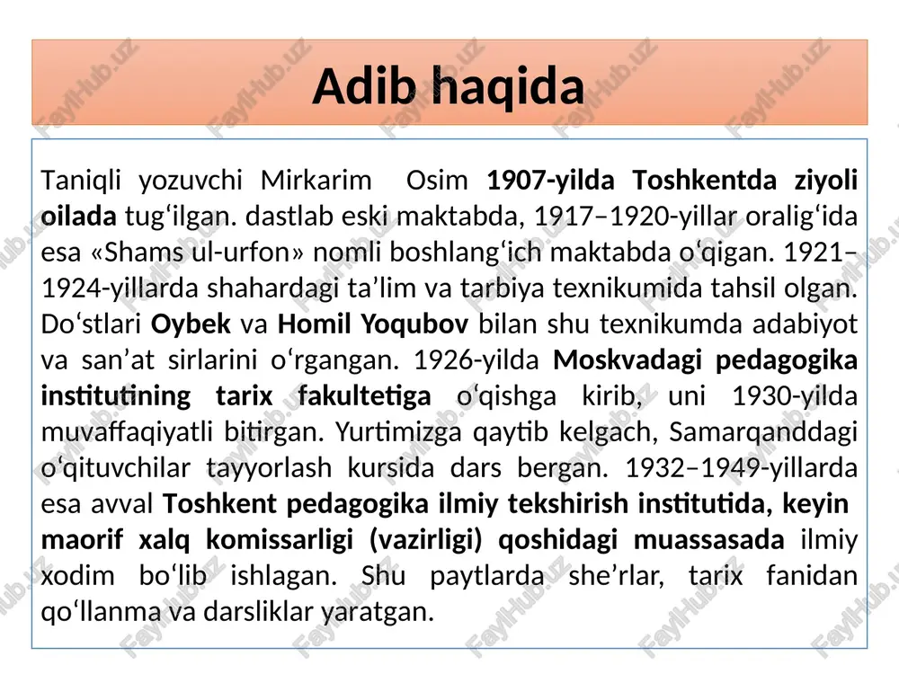 dar va spitamen» *«aljabrning tug‘ilishi» *«ibn sino qissasi» *«jayhun ustida bulutlar» *«o‘tror» *«temur malik» *«mahmud tarobiy» *«karvon yo‘llarida» *«singan setor» *«mohlaroyim va xonposhsha» tarjimalari m. sholoxov “tinch oqar don” romani s. borodin “yildirim boyazid” romani l. bat “hayot bo‘stoni” qissasi o‘zbekiston respublikasining birinchi prezidenti islom karimov alisher navoiy haqida alisher navoiy xalqimizning ongi va tafakkuri, badiiy madaniyati tarixida butun bir davrni tashkil etadigan buyuk shaxs, milliy adabiyotimizning tengsiz namoyandasi, millatimizning g‘ururi, sha’n-u sharafini dunyoga tarannum qilgan o‘lmas so‘z san’atkoridir. ta’bir joiz bo‘lsa, olamda turkiy va forsiy tilda so‘zlovchi biron-bir inson yo‘qki, u navoiyni bilmasa, navoiyni sevmasa, navoiyga sadoqat va e’tiqod bilan qaramasa». “yuksak ma’naviyat – yengilmas kuch” kitobidan “zulmat ichra nur” qissasi qahramonlari navoiyning otasi mirsaid kobuliy muhammad ali g‘aribiy husayn boyqaro sharafiddin ali yazdiy bola alisher e’tiboringiz uchun rahmat! foydalanilgan adabiyot: adabiyot: umumiy o‘rta ta’lim maktablarining 5-sinfi uchun darslik. i qism / s. ahmedov, b. qosimov, r. qo‘chqorov, sh. …