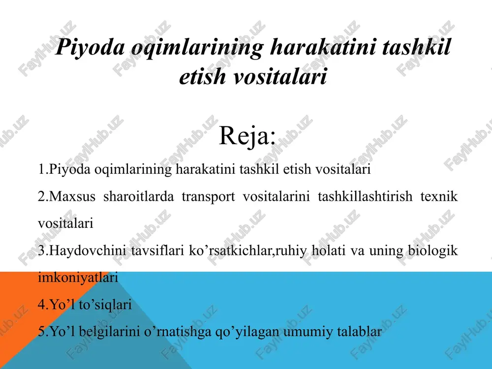eshiklar: metropolitenlar va avtomobil yo‘llari bo‘yida piyodalarning xavfsiz va qulay o‘tishi uchun eshiklar va liftlar ham tashkil qilinadi. maxsus sharoitlarda transport vositalarini tashkillashtirish texnik vositalari – bu har qanday transport vositasining harakatini boshqarish va ularni muayyan vaziyatlarda (masalan, favqulodda holatlar, og‘ir ob-havo sharoitlari, maxsus xizmatlar) samarali va xavfsiz ravishda boshqarish uchun mo‘ljallangan qurilmalar va tizimlardir. bu vositalar transport vositalarining ish faoliyatini yaxshilash, xavfsizlikni ta’minlash, va maxsus sharoitlarda ularni boshqarishni osonlashtirishga yordam beradi. favqulodda to‘xtash tizimlari maxsus sharoitlarda transport vositalarini to‘xtatish uchun mo‘ljallangan tizimlar mavjud. bu tizimlar asosan favqulodda vaziyatlarda transport vositasini tez va xavfsiz to‘xtatish imkonini beradi. favqulodda to‘xtash tizimi (emergency brake): bu tizim maxsus holatlarda avtomobilni yoki boshqa transport vositasini tezda to‘xtatish uchun ishlatiladi. avtomobilni tezda to‘xtatishda tormoz pedalining kuchaytirilgan yoki avtomatik tizimi ishlaydi. anti-bloklash tizimi (abs): abs tizimi tormozlamoqda bo‘lgan transport vositasining g‘ildiraklarini qulflanishining oldini oladi va shuningdek, tizim ko‘p joylarda tezkor to‘xtashni osonlashtiradi. haydovchini tavsiflari, ko'rsatkichlar, ruhiy …
