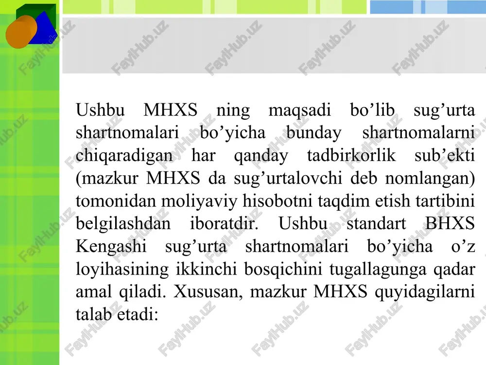 elgilangan nafaqa tizimlari boʼyicha hisobotlarda aks ettirilgan nafaqa majburiyatlari (bhxs 26 “pension tizimlar boʼyicha buxgalteriya hisobi va hisobot” ga qarang). nomoliyaviy moddaga boʼlgan huquqdan yoki nomoliyaviy moddani oʼzidan kelgusida foydalanishga bogʼliq boʼlgan shartnomaviy huquqlar yoki shartnomaviy majburiyatlar(masalan, ayrim litsenziya haqlari, royaltilar, shartli ijara toʼlovlari va shunga oʼxshash moddalar) hamda moliyaviy ijarada ijarachi tomonidan tugatish qiymating kafolatlanishi (bhxs 17 “ijara”, bhxs 18 “odatdagi faoliyatdan olinadigan daromad” va bhxs 38 “nomoddiy aktivlar” ga qarang). moliyaviy kafolat shartnomalari, bunda emitent bunday shartnomalarni sugʼurta shartnomalari sifatida oldin aniq taʼkidlamaguncha hamda sugʼurta shartnomalariga nisbatan qoʼllaniladigan buxgalteriya hisobidan foydalanmaguncha, yaʼni ushbu holatda emitent bunday moliyaviy kafolat shartnomalariga nisbatan bhxs 32, mhxs 7 va mhxs 9 yoki mazkur mhxs ni qoʼllashni tanlashi mumkin. emitent ushbu tanlovni har bir shartnoma boʼyicha amalga oshirishi mumkin, ammo har bir shartnoma uchun tanlov qayta koʼrib chiqilmaydi biznes birlashuvida toʼlanadigan yoki olinadigan shartli tovon (mhxs 3 “biznes birlashuvlari” ga qarang). tadbirkorlik subʼekti …