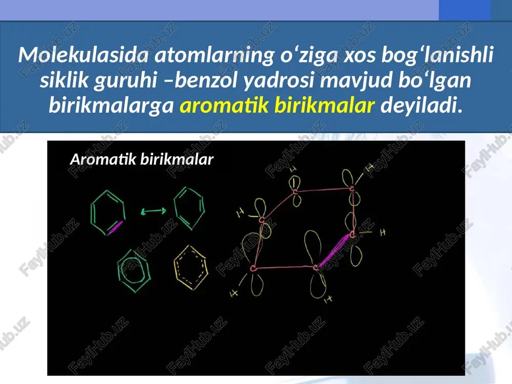 n zichliklari ortadi oksidlanish reaksiyasi benzol oksidlanishga ancha chidamli. undan farq qilib, benzol gomologlari ancha oson oksidlanish reaksiyasiga kirishadi. benzol gomologlariga kuchli oksidlovchilar ta’sir ettirilganda (kmno4) faqat yon zanjir oksidlanadi. birikish reaksiyalari. benzol quyosh nuri ta’sirida birikish reaksiyasiga kirishadi. benzol xlor bilan birikib geksaxlorsiklogeksan (geksaxloran) hosil qiladi. image2.jpg image3.jpeg image4.jpeg image5.emf image6.emf image7.jpeg image8.jpeg image9.png image10.png image11.emf image12.jpeg image13.jpeg image14.jpeg image15.jpeg image16.png image17.png image18.jpeg image19.png image20.png image21.png image22.png image23.png image24.png image25.png image1.jpg hay oh _ eb ono, ~ og 4 4) qa monexyna 6eh30na clo o20: onsen qd —-qq: oo” h3c oh ch3 no, ch; h—c. chch j) h> ti cc-h hcl en 2+ -2e- zn 2e-- 2n2* sj hi 2e- zn 2+ ze zn od zn cl cl “cy que. oe /docprops/thumbnail.jpeg