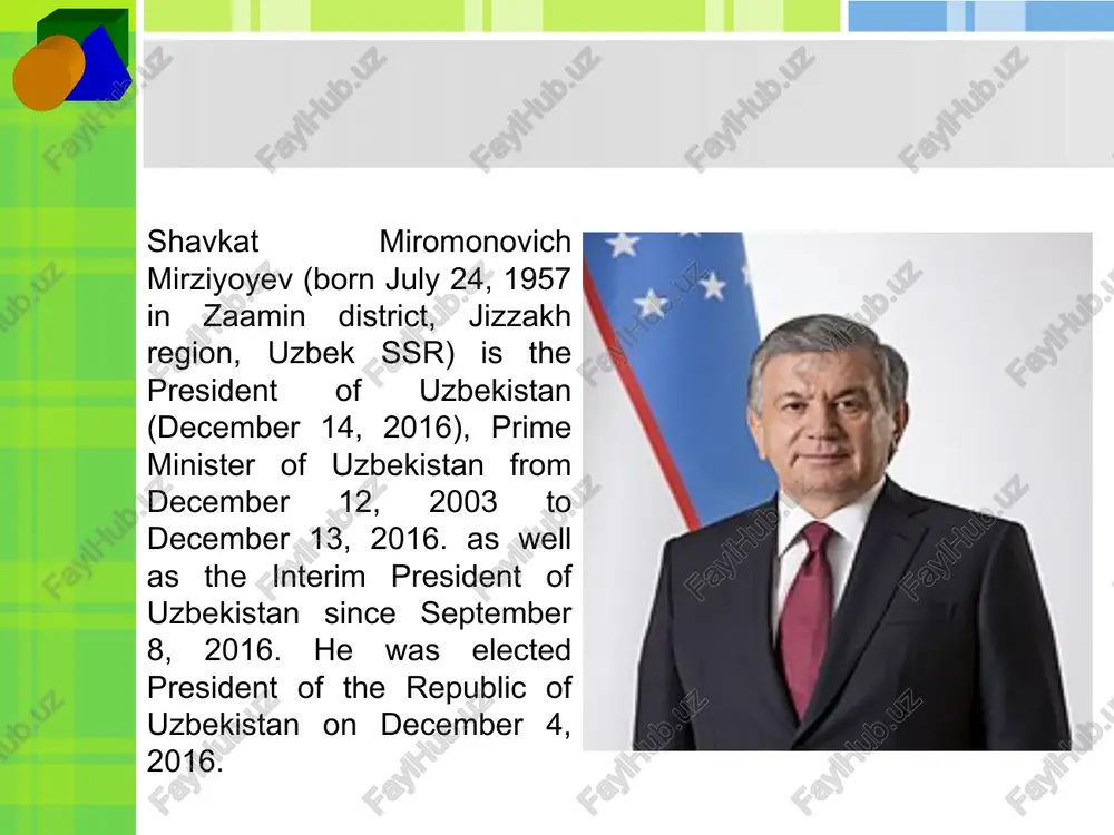 with 88.61% of the vote.he officially took office on december 14, 2016. [7]on october 24, 2021, he was elected president of uzbekistan for a second term. the inauguration took place on 6 november. together we will build a free and prosperous, democratic state of uzbekistan. speech at the joint session of the chambers of the oliy majlis dedicated to the inauguration of the president of the republic of uzbekistan / sh.m. mirziyoyev. - tashkent: uzbekistan, 2016. - 56 p.critical analysis, strict discipline and personal responsibility should be a daily rule of every leader. report of the enlarged meeting of the cabinet of ministers on the main results of socio-economic development of the country in 2016 and the most important priorities of the economic program for 2017, january 14, 2017 / sh.m. mirziyoyev. - tashkent: uzbekistan, 2017. - 104 p.