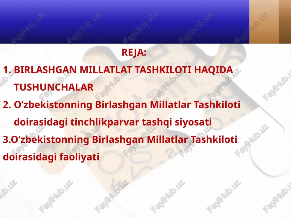 tlik munosabatlarini rivojlantirish; – dunyoda ocharchilik, kasallik va savodsizlikni tugatish borasida birgalikda harakat qilish; – ekologiya halokatining oldini olish; bmt shtab kvartirasi (doimiy ish o‘rni) aqshning nyu-york shahrida joylashgan. bmtga bosh kotib rahbarlik qiladi. o‘zbekiston xalqaro tashkilotlar a’zosi. o‘zbekiston 1992-yilning 2-mart kuni birlashgan millatlar tashkilotiga qabul qilindi. bu voqea o‘zbekistonning xalqaro miqyosda tan olinganligini to‘la tasdiqladi. mustaqillikning dastlabki yillaridayoq toshkentda bmt vakolatxonasi ochildi. o‘zbekiston prezidenti islom karimov 1993-yilda bmt bosh assambleyasi 48-sessiyasi majlisida ilk bor qatnashdi va nutq so‘zladi. o‘zbekiston bmtning qator xalqaro tashkilotlari faoliyatida ham faol qatnashib kelmoqda. ular ichida siz yunesko va yunisef haqida ma’lumotga egasiz. e’tiboringiz uchun raxmat image2.jpg image3.jpeg image4.jpeg image5.jpeg image6.jpeg image7.jpeg image8.jpeg image9.jpeg image10.jpeg image11.jpeg image12.jpeg image13.jpeg image14.emf image15.png image16.jpeg image17.jpeg image18.jpeg image19.png image20.png image21.png image22.png image23.png image1.jpg ee tne =) a afg‘oniston tarixida eng birinchi zamonaviy temit yo‘l aynan o‘zbekiston tomonidan “termiz - hayraton - mozori sharif” yo‘nalishida qurib. bitkazildi va 2010-yili ishga …