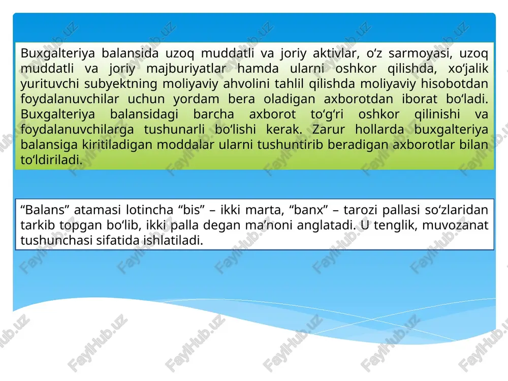 i shu tarmoq yoki faoliyatning shu turi uchun kattaroq davr ancha muvofiqroq hisoblanmasa, bir yil oraliq operatsion sikl hisoblanadi. uzoq muddatli (joriy bo‘lmagan) aktivlar – subyekt faoliyatida uzoq muddatli asosda foydalaniladigan aktivlar, jumladan subyektning mulki, binolari va uskunalari, moddiy aktivlari, taraqqiyot va gudvillga xarajatlar. investitsiyalash maqsadida saqlab turilgan va hisobot kunidan boshlab, 12 oy davomida sotilishi mumkin bo‘lmagan aktivlardir. qisqa muddatli (joriy) majburiyatlar – hisobot kunidan boshlab, 12 oy davomida hisob-kitob qilinadigan majburiyatlardir. buxgalteriya balansining maqsadi – xo‘jalik yurituvchi subyektning buxgalteriya balansi uning resurslarini va moliyaviy tarkibini anglab yetishga imkoniyat berishi uchun hisobot vaqtidagi moliyaviy ahvolni aks ettirishdan iborat. balansning jamlangan qatorlari bo‘yicha tasnifiy jihatlarini quyida ko‘rib o‘tishimiz mumkin joriy va uzoq muddatli aktivlarni tasniflash. har bir subyekt joriy aktivlarni va joriy majburiyatlarni buxgalteriya balansida alohida tasnif sifatida ko‘rsatishni (yoki ko‘rsatmaslikni) belgilab olishi lozim. xo‘jalik yurituvchi subyekt bu tasnifni amalga oshirmaydigan variantni tanlab olsa, aktivlar va majburiyatlarni to‘lash muddatlariga doir …