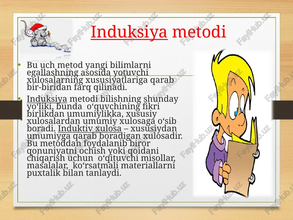 sh, degan taxminiy xulosa chiqariladi. analogiya “xususiydan xususiyga boradigan”, bir konkret faktdan boshqa konkret faktlarga boradigan xulosadir. masalan, uch xonali sonlarni qo‘shish va ayirishning yozma usullarini ko‘p xonali sonlarni qo‘shish va ayirishga o‘tkazish analogiya usulini qo‘llashga asoslangan. shu maqsadda metodik adabiyotlarda ko‘p xonali sonlarni yozma qo‘shish va ayirish bilan tanishtirishda shunday misollarni yechish tavsiya qilinadiki, bunda har bir navbatdagi misol oldingisini o‘z ichiga oladi. masalan: 126 4752 54752 837 6837 76837 +172 + 3246 +43246 - 425 - 2425 - 52425 butunni uning tashkil etuvchi qismlariga ajratishga yo‘naltirilgan fikrlash (tafakkur) usuli analiz deb ataladi. predmetlar yoki hodisalar orasida bog‘lanishlar o‘rnatishga yo‘naltirilgan tafakkur usuli sintez deb ataladi. 100 sonida nechta o‘nlik va nechta birlik bor, degan savolga javob berishda o‘quvchilar sonni analiz qilishadi. yangi matematika tushunchalarni, qonunlarni tarkib toptirishda bolalar umumlashtirishga duch keladilar. umumlashtirish – bu o‘rganilayotgan ob’ektlardan umumiy muhim tomonlarini ajratish va ularni muhim emaslaridan ajratishdan iborat. e`tiboringiz uchun rahmat …