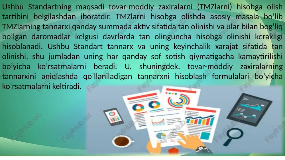 dimlar, shu jumladan ularni nazorat qiladigan xodimlar bilan bogʼliq boʼlgan mexnat haqi va boshqa xarajatlar, hamda tegishli ustama xarajatlardan tashkil topadi. xizmatlarni sotishda band boʼlgan va umumiy maʼmuriy xodimlarga tegishli boʼlgan mexnat haqi va boshqa xarajatlari tannarxga kiritilmaydi, va ular kelib chiqqan davrning xarajatlari sifatida tan olinadi. aksariyat hollarda, xizmat koʼrsatuvchi tashkilotlarning tmzlari tannarxiga ular tomonidan xizmat narxiga kiritiladigan foyda meʼyori yoki taqsimlanmaydigan ustama xarajatlar kiritilmaydi. tannarxni baholash usullari tmzlar tannarxini baholash uchun, qulaylik maqsadida, meʼyoriy xarajatlar boʼyicha tannarxni hisoblash usuli yoki chakana usuli kabi usullardan foydalanish mumkin, agarda ularni qoʼllash natijalari taxminan tannarxga teng boʼlsa. meʼyoriy xarajatlarda xom ashyo va materiallar, ishchi kuchi, samaradorlik va quvvatdan foydalanishning normal darajasi hisobga olinadi. meʼyorlar doimiy tarzda tahlil qilib turiladi, va, zarur hollarda joriy shart-sharoitlarga qarab qayta koʼrib chiqiladi. tovar-moddiy zaxiralarning tannarxi agar ushbu zaxiralar shikastlangan, yohud butunlay yoki qisman eskirgan, yoki ularning sotish narxlari kamaygan boʼlsa, qoplanmasligi mumkin. tovar-moddiy zaxiralarning tannarxi, …