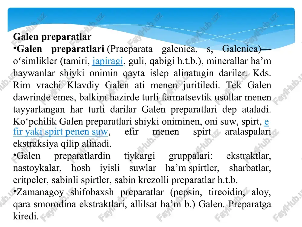 latish imkoniyatlari qidirila boshlandi, lekin nastoyka va ekstraktlar ta’sir etish tezligi bo‘yicha bu talabga javob bera olmas edi. shuning uchun ularni in’eksion dori turi sifatida ishlatish dolzarb masalaga aylanib qoldi. bizda yurak glikozidlari saqlovchi preparat adonilen birinchi marta 1923 yilda ishlab chiqarildi. keyinchalik ishlab chiqarish texnologiyasi takomillasha borib, boshqa gurux biologik faol moddalar saqlovchi dorivor o‘simliklardan novogalen preparatlari ishlab chiqarila boshlandi. ular dorivor o‘simliklardan olingan bo‘lib, o‘z tarkibida ta’sir qiluvchi ioddalar majmuasini tabiiy holda saqlaydigan va yot moddalardan to‘la tozalangan, turg‘unlashtirilgan bo‘lib, ta’sir qiluvchi moddasi bo‘yicha baholanadi. bu bilan ular nastoyka va ekstraktlardan farq qiladi.