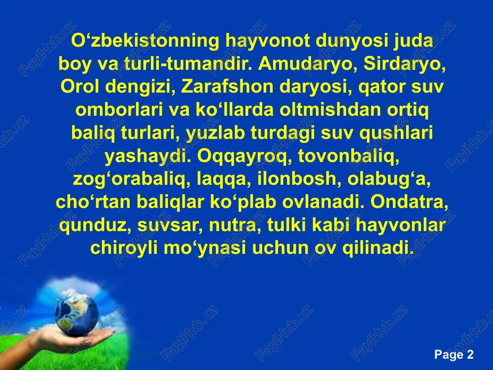 igir, qo‘y, echki, cho‘chqa, eshak, it, mushuk, quyon, tovuq, kurka, g‘oz, o‘rdak, kaptarlar kiradi. asalari, ipak qurti kabi hasharotlar ham xonakilashtirilgan. free powerpoint templates page ‹#› o‘zbekiston hududida zaharli ilonlarning besh turi yashaydi. ularning zaharidan qimmatli dori-darmonlar tayyorlanadi. ilon zahri tayyorlashda o‘zbekiston dunyoda yuqori o‘rinda turadi. har yili respublikamizda eksport uchun bir necha o‘n minglab dasht toshbaqalari, tibbiy tajribalar uchun yuz mingdan ortiq ko‘l baqalari tutiladi. hayvonlar tabiatda va qishloq xo‘jaligida juda katta ahamiyatga ega. hasharotxo‘r hayvonlar zararkunanda hasharotlarning ko‘payib ketishiga yo‘l qo‘ymaydi. free powerpoint templates page ‹#› yovvoyi hayvonlardan foydalanish bilan bir qatorda, ularni ayovsiz ov qilish, ba’zi hollarda butunlay yo‘q bo‘lib ketishdan saqlash lozim. o‘zbekistonda yashayotgan sut emizuvchilarning 22 turi, qushlarning 31 turi, sudralib yuruvchilarning 5 turi, baliqlarning 5 turi “qizil kitob”ga kiritilgan. ularni muhofaza qilish zarur. hayvonot dunyosini muhofaza qilishda qo‘riqxonalar muhim o‘rin tutadi. hozir respublikamizda o‘ndan ortiq qo‘riqxona mavjud. ularda tabiatning mazkur burchagidagi tuproq, o‘simlik va …
