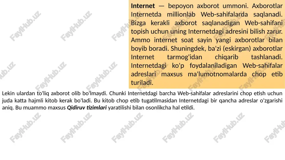 n qidiruv tizimi katalogiga qo‘shilgan saytlar ichidagi ma’lumotlarni uning nomi va tavsifi bo‘yicha izlash imkonini beradi ba’zi qidiruv tizimlari izlash vaqtini kamaytirish uchun kerakli axborotni mavzu bo‘yicha izlash imkoniyatini beradi. mavzular nomi turlicha bo‘lishi mumkin. masalan, ramblerning mavzular ro‘yxatiga «sport», «kino va musiqa», «texnologiyalar», «o‘yinlar» kabilar kiritilgan. tavsiya etilgan mazvu tanlangach, qidiruv satrida berilgan axborot internetning faqat tanlangan bo‘limga tegishli õujjatlari ichidan izlanadi. masofaviy ta’lim nima? masofaviy ta’limda biz bir qancha sirtqi ta’limni tushunamiz, bu ta’lim qatnashuvchi orasida ma’lumot almashinuvini va bu ma’lumot maksimal darajada zamonaviy manbalar va yangi axborot texnologiyalarini o’z ichiga oladi masofaviy ta’lim har xil ta’lim strukturasiga yordam beradi va uni haqiqiy demokratik o’sishga, mamlakat hududlari bo’ylab uzluksiz ta’lim tizimi, fuqarolarning malakalarini oshirishga imkoniyat yaratadi. bu yerda ta’lim jarayonining ajralib turuvchi qismi uddaburonlik, soddalik tezlik iqtisodiy samaradorlik, aktni qo’llab-quvvatlashni tashkil etadi. ta’lim jarayoni asosini ta’lim oluvchining yo’nalish maqsadi va mustaqil ishini intensiv tekshirish, o’ziga mos keladigan joyda …