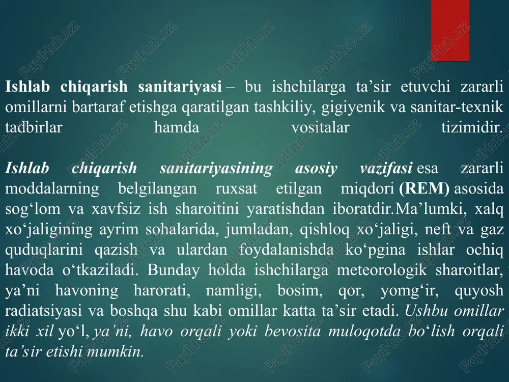 iyena, oldini olish va davolash tadbirlarini ishlab chiqadi. mehnat sharoitlari mehnat qilish jarayonini, ua’ni bajarilayotgan ishlarning jadalligini ish davomida kishi gavdasining holati, asablarning psixologik zo‘riqish darajasi, organizmdagi ba’zi organlar zo‘riqishini belgilovchi kishi harakatining xususiyati va atrof-muhitning ahvoliga qarab aniqlanadi