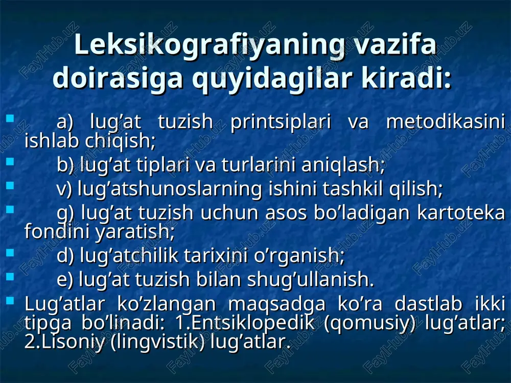 aqol va matal kabi janr boyliklarini to’plash maqsad qilinadi. lisoniy lug’atlar ham dastlab ikki turga – umumiy va xususiy (maxsus) lug’atlarga bo’linadi. u m u m i y l u g’ a t l a r d a umumtil birliklari, ularning ma’nolari va qo’llanish xususiyatlari izohlanadi. bunday lug’atlar bir tilli, ikki tilli, ko’p tilli, izohli, izohsiz bo’lishi mumkin. "o’zbek tilining izohli lug’ati" (ikki tomli, 1981 y.), "o’zbekcha-ruscha lug’at" (1959), "ruscha-o’zbekcha lug’at" (besh tomli, 1950-1955) va boshqalar shular jumlasidandir. x u s u s i y (m a x s u s) l u g’ a t l a r d a tilning lug’at boyligidagi birliklar ma’lum sohalar bo’yicha yoki shu tildagi ma’lum mikrosistemalar, guruhlar bo’yicha tanlab izohlanadi. "ruscha-o’zbekcha fizik terminlar lug’ati" (m.d.yagudev, r.x.mallin, 1952), "ruscha-o’zbekcha matematik terminlar lug’ati" (m.sobirov, 1952), "o’zbek tili sinonimlarining izohli lug’ati" (a.hojiev, 1974), "lingvistik terminlarning izohli lug’ati" (a.hojiev, 1985), "o’zbek tilining izohli frazeologik lug’ati" (sh.rahmatullaev, 1978), …