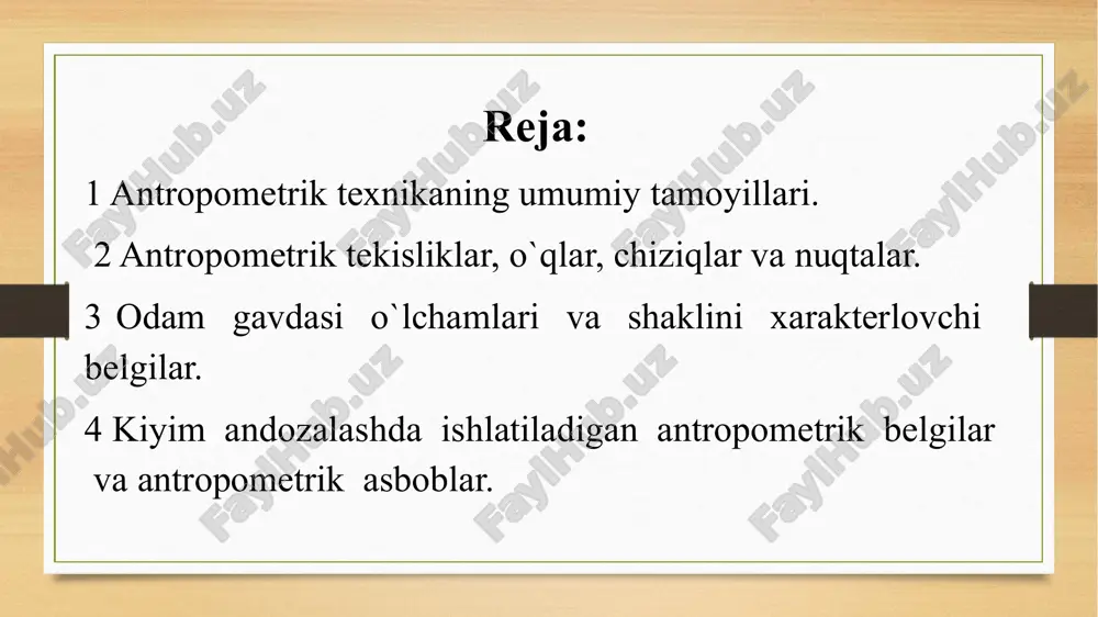 sogital tekisligi s – (vertikal) odam gavdasini o`ng va chap qismlariga bo`ladi, (frontal) tekislikka perpendikulyar. transversal (ko`ndalang) – gorizontal tekislik (f.s.ga perpendikulyar) va odam gavdasini yuqori va pastki qismlarga bo`ladi. 3 odam gavdasi o`lchamlari va shaklini xarakterlovchi belgilar. odam gavdasining shakli murakkab. uning o`lchamlarini aniqlashda turli usullardan foydalaniladi nuqtalar orasidagi masofani 3 tekisliklardan biriga proektsiyalab o`lchash ko`ndalang diametr yoki diametr deb ataladi. bu ko`ndalang o`lchamlar gavda va uning alohida o`lchamlari uzunliklarini aniqlaydi. gavdaning alohida o`lchamlari nuqtalarning yerdan o`lchangan balandligining ayirmasi kabi topiladi. bundan tashqari, bu usulda old-orqa proektsion diametrlari bor. bularning ko`krak, bel, emizak nuqta va h.k. past balandligidagi chiziqlar. ko`ndalang proektsion diametrlar bo`lib, bular bel, son, ko`krak, bo`yin va h.k. diametrlardir. bu o`lchamlarning hammasi chiziqli o`lchamlar deyiladi. bu o`lchamlar 3 ta tekislik sistemasida aniqlanadi. ikki nuqta orasidagi eng qisqa masofani topish. bu o`lchashlar to`g`ri (skvoznoy) diametrlar nomini olgan. masalan: 2 ta akromial nuqtalar orasidagi masofa – chanoq kengligining diametri …
