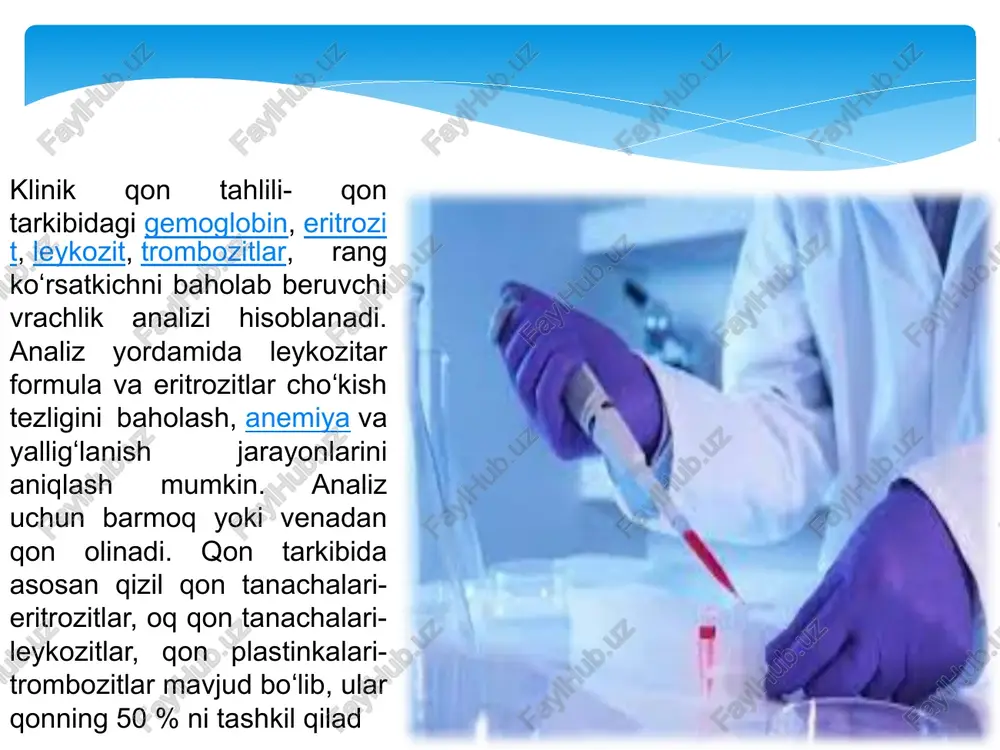 nemiya hisoblanadi. 7 temir etishmovchiligi bilan bogʻlik anemiyada gipoxrom anemiya, vitamin b12 etishmovchiligida esa giperxrom anemiya boʻladi. coe-eritrozitlar choʻkish tezligi organizmning patologik holatining indikatoridir 8 normada 8-12 mm/s.coe ning tezlashishi yuqumli yalligʻlanish kasalliklarda, kollagenozlarda, buyrak kasalliklarida, endokrin kasalliklarda, anemiya, oʻsma kasalliklarida uchraydi.coe ning sekinlashishi esa giperbilirubinemiya, oʻt kislotalari miqdori ortganda, qon aylanishining oʻtkir etishmovchiligida, eritremiya, gipofibrinogenemiyada kuzatiladi. —— qiska bioximik analizlar: glyukoza-3,30-6,1mm/l, qand miqdorining ortishi qand kasalligini olib keladi. mochevina-2,5-8,3mm/l, ortib ketishi buyrak faoliyati buzilishidan darak beradi. umumiy bilirubin-8,5-20,0 mkm/l, gemoglabinning parchalanishidan hosil boʻladi. bilirubin miqdori 27mkm/l dan ortib ketsa tanada sargʻayish sodir boʻladi. umumiy oqsil miqdori-65-85 gr/l.jigar hastaliklarida umumiy oqsil miqdori ortib ketadi[1]. gemoglobinning kamayishi (kamqonlik) — sabablari 9 eritrositlarning osmotik qarshiligi eritrotsitlarning osmotik bosimga chidamliligining ko'rsatkichidir. eritrotsitlar membranasini yo'q qilish va gemoglobinni qon plazmasiga chiqarish jarayoni gemoliz deb ataladi.bunday holda, plazma qizil rangga aylanadi va shaffof bo'ladi - "lak qon". 10 osmotik gemoliz gipotonik muhitda sodir bo'lishi mumkin. …