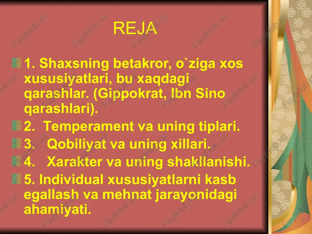 . hozirgi zamon ilmiy–psixologiyasi kishi o`z faolligini faoliyat jarayonida va eng avvalo, birgalikdagi faoliyat jarayonida namoyon qilishi to`g`risidagi qoidani qabul qiladi. shaxs faolligini va faoliyatini yo`naltirib turadigan va mavjud vaziyatlarga nisbatan bog`liq bo`magan barqaror motivlar majmui kishi shaxsining yo`naltirilganligi deb ataladi. motivlar oz yoki ko`p darajada anglangan bo`lishi yoki umuman anglanilmagan bo`lishi ham mumkin. shaxsning yo`naltirilganligida anglangan motivlar asosiy rol o`ynaydi. kishi faoliyat natijasini xayolan oldindan belgilab beradigan maqsadning o`zigina emas, balki ushbu maqsad ahamiyatiga molik ob'ektda ruyobga chiqishining realligi ham anglanilgan bo`lsa, bu xol shaxsning istiqboli deb qaraladi (perspektiva). temperament va uning tiplari temperament lotincha temperamentum–narsalarning tegishli nisbati degan so`zdan olingan. temprament haqida dastlab eramizdan oldingi beshinchi asrda yashagan vrach gippokrat, eramizdan oldingi ikkinchi asrda yashagan galen, uninchi asrda yashagan ibn sino va boshqalar o`z qarashlarini bildirganlar. galen birinchi bo`lib temperamentning kengaytirilgan tasnifini berib, uning 13 turini sanab o`tgan. keyinroq vatandoshimiz ibn sino temperamentni mizoj deb atab, uning issiq …