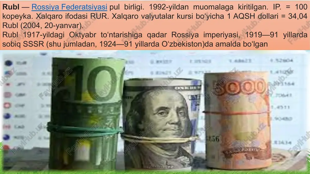 siyasi markaziy bankiga tegishlidir. to'lovning qonuniy kuchiga ega bo'lgan pul turlari bu bank biletlari ( banknotalar ) va metall tanga bo'lib, ularning namunalari rossiya banki tomonidan tasdiqlanadi. banknotalar va metall tangalar markaziy bankning so'zsiz majburiyatlari bo'lib, uning aktivlari bilan ta'minlangan. ular rossiya federatsiyasida barcha turdagi to'lovlar uchun, shuningdek hisobraqamlarga, omonatlarga, omonatlarga va pul o'tkazmalariga o'z nominal qiymati bo'yicha qabul qilinishi majburiydir. qonunda rossiya federatsiyasi hukumati va rossiya federatsiyasi markaziy bankining banknotalarni ishlab chiqarish sohasidagi vakolatlari ajratilgan. rossiya federatsiyasi markaziy banki faqat ularni ishlab chiqarish hajmini rejalashtirish uchun javobgardir. naqd pul muomalasini tashkil qilish uchun unga quyidagi vazifalar yuklatilgan: banknotalar va metall tangalar ishlab chiqarishni bashorat qilish va tashkil etish; banknotalar va tangalarning zaxira fondlarini yaratish; naqd pulni saqlash, tashish va inkassatsiya qilish qoidalarini belgilash; banknotalarning to'lov qobiliyatining belgilari va banknotalarni almashtirish va yo'q qilish tartibini belgilash; kredit tashkilotlari uchun kassa operatsiyalarini amalga oshirish qoidalarini tasdiqlash. 2002 yilda rossiya banki "rossiya …