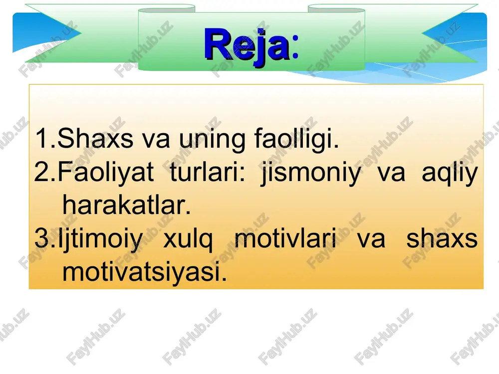 ni bevosita tashqi harakatlarda yoki tashqi faoliyatga ko’chirilishi eksteriorizatsiya deb yuritiladi. interiorizatsiya va eksteriorizatsiya faoliyatning klassik turlari muloqot – shaxs individual rivojlanishi jarayonida namoyon bo’ladigan birlamchi faoliyat turlaridan biri. asosiy faollik turlari bo’yicha tabaqalash o’yin o’qish shunday faoliyat turiki, u bevosita biror moddiy yoki ma’naviy ne’matlar yaratishni nazarda tutmaydi, lekin uning jarayonida jamiyatdagi murakkab va xilma-xil faoliyat normalari, harakatlarning simvolik andozalari bola tomonidan o’zlashtiriladi. faoliyati ham shaxs kamolotida katta rol o’ynaydi va ma’no kasb etadi. bu shunday faollikki, uning jarayonida bilimlar, malaka va turli ko’nikmalar o’zlashtiriladi. muloqot 1 2 mehnat asosiy faollik turlari bo’yicha tabaqalash * mehnat qilish ham tabiiy ehtiyojlarga asoslangan faoliyat bo’lib, uning maqsadi albatta biror moddiy yoki ma’naviy ne’matlarni yaratish, jamiyat taraqqiyotiga hissa qo’shishdir. har qanday kasbni egallash, nafaqat egallash, balki uni mahorat bilan amalga oshirishda faoliyatning barcha qonuniyatlari va mexanizmlari amal qiladi. oddiygina biror kasb malakasini egallash uchun ham unga aloqador bo’lgan ma’lumotlarni eslab qolish va …