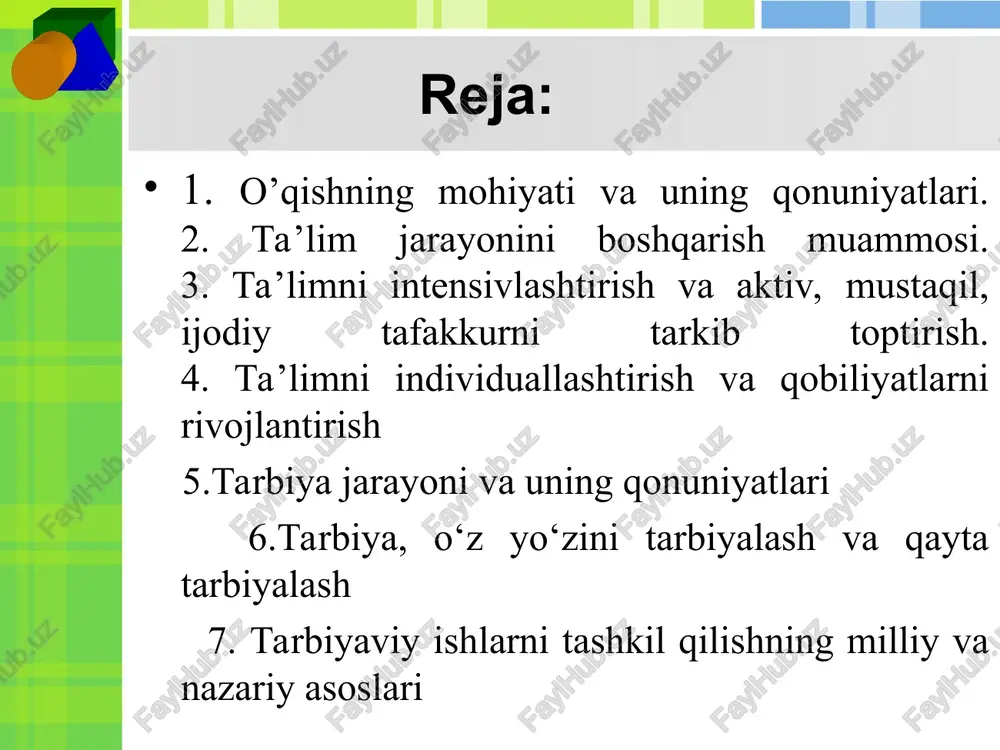 imoiyligini ta’kidlaydi. o`quv faoliyati bu shunday faoliyatki, uning natijasida avvalo o’quvchida o’zgarish yuz beradi. uning mahsuli turli motivlar asosida, qurilgan bo’lishi darkor. bu motivlar bevosita o’quvchi shaxsining o’sishi va rivojlanishi bilan bog`liq bo’lishi kerak. o’quv faoliyati ta’lim, o’qish va o’rganish degan tushunchalar bilan bevosita bog`liqdir. o’qish va o’rgatish tushunchalari o’qish va o’rgatish tushunchalari o’quv faoliyati bilan bog`liq bo’lib, ular bilim, ko’nikma va malakalarni o’zlashtirishga, o’rgatishga xizmat qiladi. o’quv faoliyatining besh elementi mavjud: o’quv harakatlari o’qituvchining baholashi o’qituvchining nazorati o’quv topshiriqlari o’quv motivlari. ta’lim jarayoni besh elementdan iborat: ta’limning mazmuni - nimaga o’qitish kerak? ta’limning maqsadi – nima uchun o’qitish kerak? ta’lim beruvchi o’quvchi ta’limning metodlari, usullari va pedagogik muloqot yo’llari. ta’lim jarayonini tashkil etish: ideal va amaliy faoliyatning u yoki bu turini muvaffaqiyatli tashkil etish uchun zarur bo’lgan tashqi olamning muhim ahamiyatli xossalari xususidagi axborotning o’zlashtirilishi: maqsadga muvofiq keladigan usullar va jarayonlarni to’g`ri tanlash va foydalanishga bog`liq faoliyatning ana shu …