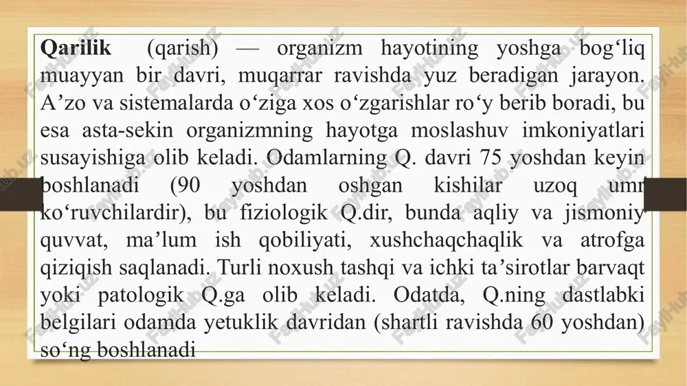 ari ichiga kasb mehnati, turmush tarzi, madaniyati va ma’naviyati kabilar kiradi jahon fani to‘plagan ma’lumotlarga ko‘ra, ochiq havoda ortiqcha zo‘riqishsiz jismoniy mehnat bilan shug‘ullangan odamlarda harakatningtezligi, qad-qomatning tikligi, ma’naviy tetiklik , ruhiy faollikuzokroq saqlanadi. mana shu holat jismoniy tarbiya bilan doimiy shug‘ullanuvchi kishilarda ham bo‘ladi. "umrni uzaytirish muammolari" nomli (1952) kitobda dog‘is- tonliklarda uzoq umr ko‘rishnipg asosiy sabablary quyidagilar ekani ta’kidlangan respublikaning tog‘li qismidagi iqlim sharoiti va jo‘g‘rofiy omillar sutkasiga 3—4 marta iste’mol qilinadigan go‘shtli, o‘simlik moyli va sutli oziq-ovqatlar, chekishning, ichish va ortiqcha jinsiy aloqaning taqiqlangani gigiena- ning barcha qonun va qoidalariga rioya qilinishi va butun umr bo‘yi jismoniy mehnat bilan shug‘ullanish; bir maromda ham passiv, ham aktiv hordiqchiqarish holi turmush darajasining moddiy-maishiy jihatdan yaxsh ilanishi va hokazolar avloddan-avlodga asrlar davomida o‘tib kelayotgan madaniy an’analar, o‘ziga xos turmush tarzi va uning xususiyatlari s.pako va uning izdoshlari ta’kidlaganidek, keksayish jarayonida ayrim psixofiziologik va psixologik jarayonlarning barqarorlashuvi inson umrining uzayishiga, unda …