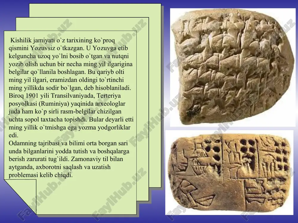 gan qadimgi yunon mashhur tarixchisi gerodot hikoya qilgan doro kalendari bunga misol bo`la oladi. gerodotning ta`kidlashicha, eron shohi doro i skifiyaga yurish qilganida dunay daryosiga maxsus qurilgan ko`prikdan o`tgan. ko`prikni saqlash, qo`riqlash uchun doro o`z ittifoqchisi bo`lmish ioniyaliklarni qoldirgan. ularga oltmish tugunli kamar berib, bunday degan: «...bu kamarni olinglar: endi gapimga quloq solinglar: mening skiflarga qarshi chiqqanimni ko`rishingiz bilanoq, shu vaqtdan boshlab har kuni bitta tugunni echaveringlar. agar tugunlar bilan ko`rsatilgandagi kunlar tugasa-yu men shu vaqt ichida qaytmasam, o`z vatanlaringizga jo`nayveringlar. hozircha ko`prikni qo`riqlanglar va uni mumkin qadar but saqlashga harakat qilinglar. bu bilan menga katta yordam ko`rsatgan bo`lasizlar». tugunlardan iborat kalendardan sibir, gvineya, polineziya, sharqiy afrika xalqlari ham foydalangan. hindlarda har bir rang muayyan ma`noni: qora rang - baxtsizlikni, o`limni, binafsharang - xavf-xatafni yoki dushmanlikni, qizil rang - urushni, oq rang - tinchlikni, sariq rang - oltinni, yashil rang - don-dunni bildirgan. hindlar turli ranglarni va tugunlarni turlicha qo`shib …