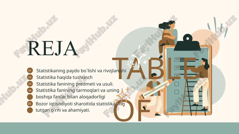 ali ifodalash, statistika bu sonlar va o'ichovlar yordamida ko'psonli va turli-tuman hodisalarni hisobga olish, tasvirlash. 1 2 3 statistika nimaga kerak? paydo bo'lish paytlarida agarda, statistika paydo bo'lish paytlarida davlat extiyojlari qondirgan bo'lsa, sobiq ittifoq davrida sobiq ittifoq davrida asosan davlatning yillik va besh illik rejalarini bajarilishini nazorat qilish bilan shug'ullangan. bozor iqtisodiyoti bozor iqtisodiyoti sharoitida, mehnat taqsimoti rivojlangan va qiyinlashib ketgan, eng asosiysi yuqori raqobat shaklida ish olib borish sharoitida nafaqat davlatga, balki har bir kompaniyaga, firma yoki korxonaga. hatto har bir tadbirkorga dunyoning bir chekkasida qanday o'zgarishlar bo'layotganligi yoki hodisa va voqealarning o'zgarishi prognozi haqida ma'lumot zarur. statistika deganda nima tushunildi mamlakatning iqtisodiy va sotsial rivojlanishi haqida ma'lumotlami to'plovchi. umumlashtiruvchi va chop qiluvchi organ birar-bir hodisa haqidagi raqamlar yig' indisi tushuniladi. ijtimoiy fan tushuniladi (bu, ayniqsa, sobiq ittifoq alimlari o'rtasida eng ko'p tarqalgan ta'rif raqamli ma'iumotlami to'plash va interpretatsiya (izohlash, talqin qilish) metodlarini o'rgatuvchi fan tushuniladi va h. …
