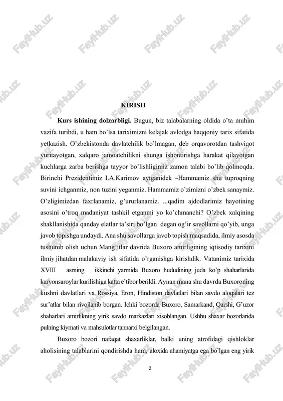 ri xisoblangan. ushbu shaxar bozorlarida pulning kiymati va mahsulotlar tannarxi belgilangan. buxoro bozori nafaqat shaxarliklar, balki uning atrofidagi qishloklar aholisining talablarini qondirishda ham, aloxida ahamiyatga ega bo’lgan eng yirik savdo markazlaridan hisoblangan. buxoro bozorida kuchmanchi chorvadorlar o’z mahsulotlarini buxoro hunarmandlari mahsulotlariga ayirboshlashgan. buxoro bozorida parcha, duxoba, har xil chitlar, ipak matolar, temir, tilla, kumush, mis, chuyan idishlar, qog’oz, igna, turli xil iplar yaxshi savdo qilingan. buxoroda yanvar oyidan may oyigacha savdo yaxshi bo’lgan. bu davrda savdo yarmarkalari tashkil qilingan. bu savdo yarmarkalariga eron, afg’oniston, 1 hindiston, xitoy, rossiya va amirlikning barcha viloyatlaridan savdogarlar tashrif buyurishgan. bu savdo mavsumida nihoyatda ko’p maxsulotlar ortgan savdo karvonlari buxoroga kelishgan. savdo karvonlari ular uchun muljallangan maxsus karvonsaroylarda tuxtashgan. xix asrning boshida buxoroda chet ellik savdogarlar uchun muljallangan 10 ta karvonsaroy bo’lgan. xix asrning 40-yillariga kelib esa 24 ta toshdan qurilgan va 14 yogochdan yasalgan, jami 38 ta karvon saroy mavjud bo’lgan. buxoro shaxrining bosh …