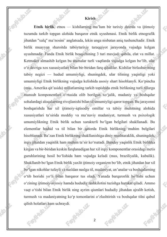 ijtimoiy organizm boʻlib, etnik jihatdan har xil boʻlgan nikohlar tufayli va nasldan naslga til, madaniyat, anʼanalar va boshqalarning oʻtib borishi yoʻli bilan barqaror tus oladi. yanada barqarorlik boʻlishi uchun oʻzining ijtimoiy-siyosiy hamda hududiy tashkilotini tuzishga harakat qiladi. ammo vaqt oʻtishi bilan etnik birlik ning ayrim qismlari hududiy jihatdan ajralib ketish, turmush va madaniyatning koʻp tomonlarini oʻzlashtirish va boshqalar tilni qabul qilish holatlari ham uchraydi. kishilik jamiyati ijtimoiyiqtisodiy taraqqiyotning maʼlum bir bosqichida qabilalar uyushmasi hisoblangan etnik birlik maʼlum bir tarixiy sharoitda, hududiy, iqtisodiy, til va madaniy umumiylik asosida shakllanadi va yangi turi vujudga keladi. qadimiy davrlarda vujudga kelgan yangi etnik birlik ni ifodalash uchun "elat" atamasi qabul qilingan. elat — etnik birlik bosqichining qabila uyushmasidan keyingi turidir. tarixiy taraqqiyot davomida esa etnik birlikning keyingi turi — millat shakllana boradi. asosiy qism etnogenez va uni o`rganish masalalari hozirgi kunga kelib, respublikamizda milliy-ma'naviy qadriyatlarni tiklash va rivojlantirish, milliy mafkura g`oyalarini fuqorolarimiz ongiga yanada …