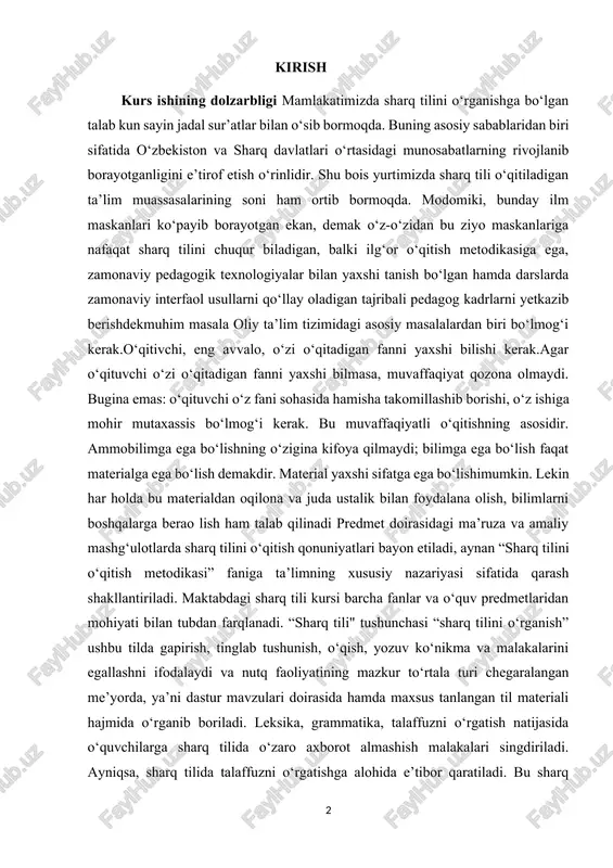 ifatida qarash shakllantiriladi. maktabdagi sharq tili kursi barcha fanlar va o‘quv predmetlaridan mohiyati bilan tubdan farqlanadi. “sharq tili" tushunchasi “sharq tilini o‘rganish” ushbu tilda gapirish, tinglab tushunish, o‘qish, yozuv ko‘nikma va malakalarini egallashni ifodalaydi va nutq faoliyatining mazkur to‘rtala turi chegaralangan me’yorda, ya’ni dastur mavzulari doirasida hamda maxsus tanlangan til materiali hajmida o‘rganib boriladi. leksika, grammatika, talaffuzni o‘rgatish natijasida o‘quvchilarga sharq tilida o‘zaro axborot almashish malakalari singdiriladi. ayniqsa, sharq tilida talaffuzni o‘rgatishga alohida e’tibor qaratiladi. bu sharq tilidagi ohanglar bilan bog‘liq masala bo‘lgani uchun ham e’tiborlidir. yuqorida bayon etilgan va shu kabi boshqa masalalar to‘plangan ma’ruza va amaliy mashg‘ulotlar mazmunida o‘z aksini topgan. kurs ishining maqsadi: darsda zamonaviy o'qitish usullarini qo'llashda ijtimoiy pedagogik vazifalar xususiyatini o’rganish kurs ishining o’bekti : darsda zamonaviy o'qitish usullarini qo'llashda ijtimoiy pedagogik vazifalarni o’rganish jarayoni kurs ishining predmeti: darsda zamonaviy o'qitish usullarini qo'llashda ijtimoiy pedagogik vazifalarni o’rganishning shakli, metodi va vositalar mazmuni kurs ishining tarkibi: …