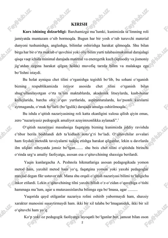xshi pedagoglar mavjud degan fikr ustuvor edi. mana shu orqali o‘qitish nazariyasi bilimi to‘laligicha inkor etilardi. lekin o‘qituvchining tilni yaxshi bilish o‘z-o‘zidan o‘quvchiga o‘tishi hammaga ma’lum, agar u mutaxassislarcha bilimga ega bo‘lmasa, agar .......... yuqorida qayd etilganlar nazariya rolini oshirib yubormaydi ham, shaxsiy xarakter manosini susaytirmaydi ham. ikki bir xil talaba bo‘lmaganidek, ikki bir xil o‘qituvchi ham yo‘q. ko‘p yoki oz pedagogik faoliyatga layoqatli bo‘lganlar bor, jamoat bilan oson muomalaga kirishuvchilik qobiliyati bo‘lib, istalgan o‘quvchiga “sirli kalit”ni topa oladiganlar mavjudligiga shubha yo‘q. o‘qituvchilar, shunga ko‘ra turli insoniy chizgilari bilan qismlarga bo‘linadilar, lekin ular tashabbuskor bo‘lishlari, o‘z ishlariga loqayd bo‘lmasliklari lozim, ular o‘qitish nazariyasiga qiziqmaslik va o‘zlari o‘qitadigan fan metodikasini o‘rganmaslikka haqli emaslar. o‘qituvchining vazifasi – metodik qurollanganligini o‘stirishdir. o‘qituvchining metodik qurollanganligi uning shaxsiyatiga qandaydir mavhum, mexanik qo‘shimcha ekanligi xatodir. o‘qitiladigan fan metodikasini nazariy bilish – yuqori sifatli tokchada pokoyatsya qilib qandaydir o‘lik tabiatkabi o‘z mutaxassisi qo‘liga tushganda haqiqiy mz’jizlar qilishga …