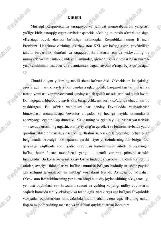 dro qurolidan himoyalanish ruhida tarbiyalangan bo’lsa, hozir fuqaro muhofazasi yangi — «etarli zarurat» prinsipi asosida tuzilgandir. bu konsepsiya markaziy osiyo hududida yashovchi aholini turli tabiiy ofatlar, avariya, falokatlar va bo’lishi mumkin bo’lgan hududiy urushlar paytida xavfsizligini ta’minlaydi va mablag’ vositalarni tejaydi. ayniqsa bu yo’nalish, o’zbkiston respublikasining yer kurrasidagi hududiy joylanishining o’ziga xosligi, yer osti boyliklari, suv havzalari, sanoat va qishloq xo’jaligi milliy boyliklarini saqlash borasida tabiiy, ekologik va texnologik. xarakterga ega bo’lgan favqulodda vaziyatlar oqibatlaridan himoyalashda muhim ahamiyatga ega. shuning uchun fuqaro muhofazasining maqsad va vazifalari quyidagilardan iboratdir: favqulodda vaziyatlarning paydo bo’lishi va rivojlanishini ogohlantirish; favqulodda vaziyatlar tufayli yuzaga kelgan talofatlarni kamaytirish; favqulodda vaziyatlar oqibatini bartaraf qilish. bu esa o’z navbatida turli soxalarda faoliyat ko’rsatuvchi ilimli o’qituvchilarining mehnatiy mahoratini, umumiy saviyasini muttasil takomillashtirish uchun sharoit yaratishni talab qiladi. chunki yuqori malakali mutaxassislarni tayyorlash darajasi, eng avvalo, ularni o’qitib bilim berish, ularda kelajakda egallaydigan mehnatlari bo’yicha zaruriy ko’nikma va malakalar hosil …