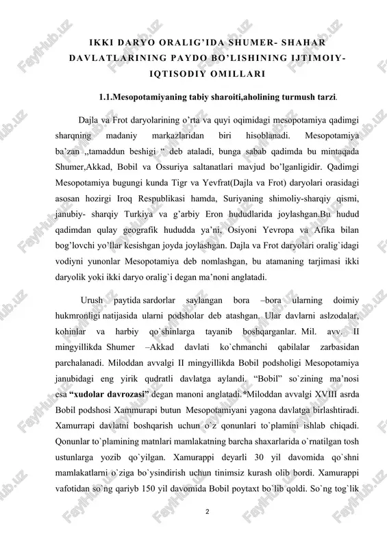 nadi. miloddan avvalgi ii mingyillikda bobil podsholigi mesopotamiya janubidagi eng yirik qudratli davlatga aylandi. “bobil” so`zining ma’nosi esa “xudolar davrozasi” degan manoni anglatadi.*miloddan avvalgi xviii asrda bobil podshosi xammurapi butun mesopotamiyani yagona davlatga birlashtiradi. xamurrapi davlatni boshqarish uchun o`z qonunlari to`plamini ishlab chiqadi. qonunlar to`plamining matnlari mamlakatning barcha shaxarlarida o`rnatilgan tosh ustunlarga yozib qo`yilgan. xamurappi deyarli 30 yil davomida qo`shni mamlakatlarni o`ziga bo`ysindirish uchun tinimsiz kurash olib bordi. xamurappi vafotidan so`ng qariyb 150 yil davomida bobil poytaxt bo`lib qoldi. so`ng tog`lik kassit qabilasi bobilni bosib oldi. ularning bosqini bobilni zavol topishiga zamin yaratdi. mil. avv. vii asrda yangi bobil podsholigi vujudga keldi. navoxodonosor ii hukmronligi davrida bobil o`z ravnaqi cho`qqisiga chiqqan. yangi bobil podsholigiga misr ham qo`shib olingan. u iyerusalim (quddus) ni vayron qilib tashlashadi. navoxodonosor ii turar joy va binolar qurilishiga pishgan g`isht ishlatishga farmon beradi.. eronliklar lashkari 539 –yilda bostirib kiradi. forslar bobilni zabt etadi. forslarni bobildan makedoniyalik …