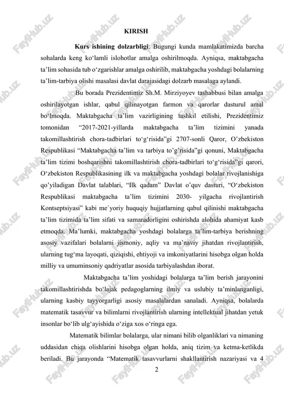 tlarning qabul qilinishi maktabgacha ta’lim tizimida ta’lim sifati va samaradorligini oshirishda alohida ahamiyat kasb etmoqda. ma’lumki, maktabgacha yoshdagi bolalarga ta’lim-tarbiya berishning asosiy vazifalari bolalarni jismoniy, aqliy va ma’naviy jihatdan rivojlantirish, ularning tug‘ma layoqati, qiziqishi, ehtiyoji va imkoniyatlarini hisobga olgan holda milliy va umuminsoniy qadriyatlar asosida tarbiyalashdan iborat. maktabgacha ta’lim yoshidagi bolalarga ta’lim berish jarayonini takomillashtirishda bo‘lajak pedagoglarning ilmiy va uslubiy ta’minlanganligi, ularning kasbiy tayyorgarligi asosiy masalalardan sanaladi. ayniqsa, bolalarda matematik tasavvur va bilimlarni rivojlantirish ularning intellektual jihatdan yetuk insonlar bo‘lib ulg‘ayishida o‘ziga xos o‘ringa ega. matematik bilimlar bolalarga, ular nimani bilib olganliklari va nimaning uddasidan chiqa olishlarini hisobga olgan holda, aniq tizim va ketma-ketlikda beriladi. bu jarayonda “matematik tasavvurlarni shakllantirish nazariyasi va 4 metodikasi” fanining mazmunidan kelib chiqib tayyorlangan ushbu qo‘llanma maktabgacha ta’lim yo‘nalishi bakalavriat talabalari, shu yo‘nalishning maxsus sirtqi va sirtqi ta’limi talabalari hamda maktabgacha ta’lim tashkiloti tarbiyachilariga zarur ma’lumot va metodik yordam bera oladi. qo‘llanma zamonaviy pedagogik texnologiyalarni …
