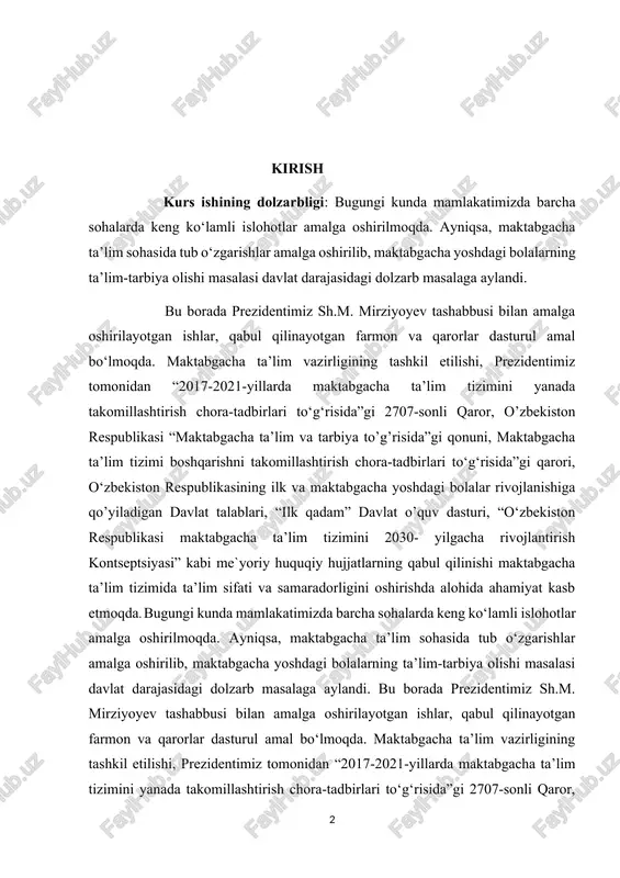 “maktabgacha ta’lim va tarbiya to’g’risida”gi qonuni, maktabgacha ta’lim tizimi boshqarishni takomillashtirish chora-tadbirlari to‘g‘risida”gi qarori, o‘zbekiston respublikasining ilk va maktabgacha yoshdagi bolalar rivojlanishiga qo’yiladigan davlat talablari, “ilk qadam” davlat o’quv dasturi, “o‘zbekiston respublikasi maktabgacha ta’lim tizimini 2030- yilgacha rivojlantirish kontseptsiyasi” kabi me`yoriy huquqiy hujjatlarning qabul qilinishi maktabgacha ta’lim tizimida ta’lim sifati va samaradorligini oshirishda alohida ahamiyat kasb etmoqda. bugungi kunda mamlakatimizda barcha sohalarda keng ko‘lamli islohotlar amalga oshirilmoqda. ayniqsa, maktabgacha ta’lim sohasida tub o‘zgarishlar amalga oshirilib, maktabgacha yoshdagi bolalarning ta’lim-tarbiya olishi masalasi davlat darajasidagi dolzarb masalaga aylandi. bu borada prezidentimiz sh.m. mirziyoyev tashabbusi bilan amalga oshirilayotgan ishlar, qabul qilinayotgan farmon va qarorlar dasturul amal bo‘lmoqda. maktabgacha ta’lim vazirligining tashkil etilishi, prezidentimiz tomonidan “2017-2021-yillarda maktabgacha ta’lim tizimini yanada takomillashtirish chora-tadbirlari to‘g‘risida”gi 2707-sonli qaror, o’zbekiston respublikasi “maktabgacha ta’lim va tarbiya to’g’risida”gi qonuni, maktabgacha ta’lim tizimi boshqarishni takomillashtirish chora-tadbirlari to‘g‘risida”gi qarori, o‘zbekiston respublikasining ilk va maktabgacha yoshdagi bolalar rivojlanishiga qo’yiladigan davlat talablari, “ilk qadam” …