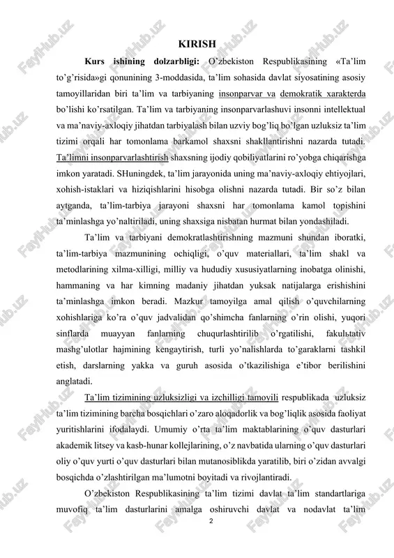 moyili respublikada uzluksiz ta’lim tizimining barcha bosqichlari o’zaro aloqadorlik va bog’liqlik asosida faoliyat yuritishlarini ifodalaydi. umumiy o’rta ta’lim maktablarining o’quv dasturlari akademik litsey va kasb-hunar kollejlarining, o’z navbatida ularning o’quv dasturlari oliy o’quv yurti o’quv dasturlari bilan mutanosiblikda yaratilib, biri o’zidan avvalgi bosqichda o’zlashtirilgan ma’lumotni boyitadi va rivojlantiradi. o’zbekiston respublikasining ta’lim tizimi davlat ta’lim standartlariga muvofiq ta’lim dasturlarini amalga oshiruvchi davlat va nodavlat ta’lim muassasalari, ta’lim tizimining faoliyat ko’rsatishi va rivojlanishini ta’minlash uchun zarur bo’lgan tadqiqot ishlarini boshqaruvchi ilmiy-pedagogik muassasalar, ta’lim sohasidagi davlat boshqaruv organlari, shuningdek, ularga qarashli korxonalar, muassasalar va tashkilotlarni o’z ichiga oladi. respublikaning ta’lim tizimi yagona va uzluksizdir. o’zbekiston respublikasi prezidentining 2018 yil 5 iyundagi pq-3775-son «oliy ta’lim muassasalarida ta’lim sifatini oshirish va ularning mamlakatda amalga oshirilayotgan keng qamrovli islohotlarda faol ishtirokini ta’minlash bo’yicha qo’shimcha chora-tadbirlar to’g’risida»gi qaroriga muvofiq oliy ta’lim muassasalarida talabalar bilimini nazorat qilish va baholash tizimini belgilaydi. 1.mazkur nizom 2018-2019 o’quv yilida, shuningdek keyingi …