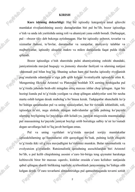 uning vazifalari to’g’risida mavjud xorijiy mamlakatlar iqtisodchilarning qo’llanmalarini olib qaraydigan bo’lsak, pulning kelib chiqishi to’g’risida ikki xil g’oya mavjudligini ko’rishimiz mumkin. bular ratsionalistik va evolyutsion g’oyalardir. ratsionalistik qarashning asoschilaridan biri aristotel bo’lib, u pul kelib chiqishining asosini o’zaro bir-biriga teng qiymatni harakatga keltiruvchi biror bir maxsus «qurol», kishilar orasida o’zaro kelishuv natijasida qabul qilingan shartli birlikning topilishi ayirboshlash jarayonining bo’lishiga olib kelgan deydi. o’zaro tovarlarni almashtirishga pul qatnashmaganda tovarni sotish jarayoni tovarni sotib olish jarayoni sifatida yuzaga kelgan. tovarlar o’rtasidagi proportsiya tasodifan, masalan, sotilishi kerak bo’lgan mahsulotga talab qay darajada va uning miqdorining kam ko’pligiga bog’liq holda o’rnatilgan. keyinchalik shu tovarlar ichidan umumiy ekvivalent rolini o’ynovchi ba’zi tovarlar ajralib chiqdi. jamiyatning rivojlanishi muomalaga metallarning kirib kelishiga olib keladi. rivojlanishning birinchi bosqichlarda bular mis, bronza, temir bo’lib almashinuv t-p-t shaklida olib borilgan. xviii asrlarning oxirigacha pul tomonlar o’rtasidagi shartnoma vositasi deb qarab kelingan. hozirgi vaqtda ham ba’zi chet el olimlari, masalan, …