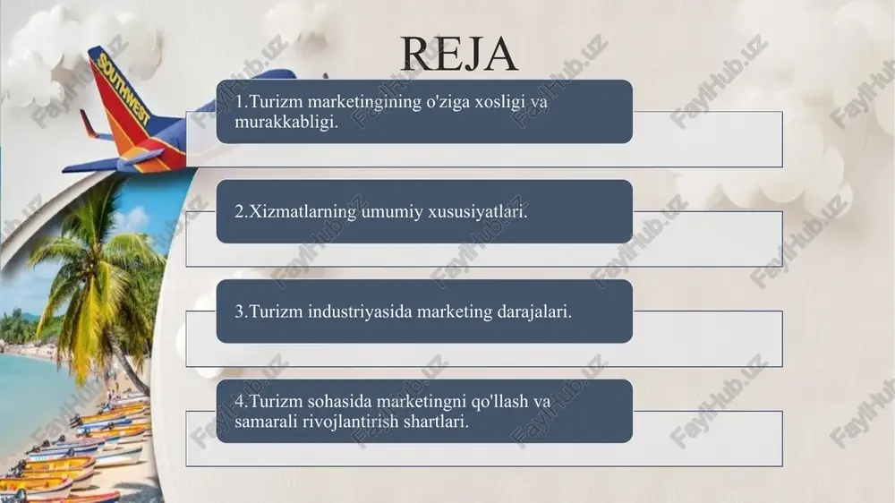 iste'mol qilishdan oldin uning sifati haqida tasavvurga ega bo'lish mumkin emas. shu munosabat bilan xaridorlar uchun xarid qilishda kompaniyaning bozordagi imidji va uning tovar (xizmati) nufuzi alohida ahamiyatga ega. 3. mavsumiy tebranishlarga ta'sir qilish. sayohat agentligining marketing faoliyati eng yuqori mavsumda va mavsumdan tashqari mavsumda farqlanadi. mavsumdan tashqari talabni rag'batlantirish uchun qo'shimcha chora-tadbirlar talab etiladi: past narxlar, turli xil qo'shimcha xizmatlar, turli xil turizm turlari (ta'minotni diversifikatsiya qilish). 4. ma'lum bir joyga bog'lanish (lager, aeroport, chunki ularni boshqa joyga ko'chirish mumkin emas). 5. sayohat xizmatlarini sotish va uni iste'mol qilish faktining vaqtlaridagi nomuvofiqlik. turistik tovarlarni (xizmatlarni) sotib olish ularni iste'mol qilish boshlanishidan haftalar yoki oylar oldin amalga oshiriladi. bunda xarid qilinayotgan turistik mahsulot haqida ko‘rgazmali ma’lumot beruvchi va kelajakda uni iste’mol qilishdan qanday foyda olish mumkinligi haqida tasavvur hosil qilish imkonini beruvchi reklama bosma mahsulotlar muhim o‘rin tutadi. turistik mahsulotni sotish bosqichida ma'lumotlarning ishonchlilik darajasiga, shuningdek mahsulotning ishonchliligiga (mahsulot sifatining …