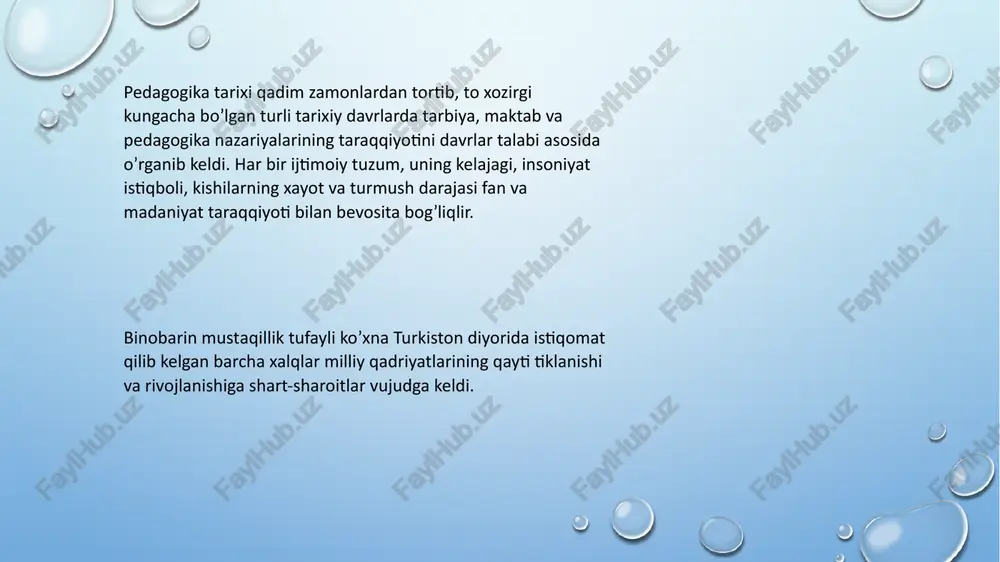 r». 1991 yilga kelib o’zbekiston xalqi mustaqillikka erishgach, o’zining yangi milliy qomusi asosida hamma soxada bo’lganidek, o’zbek milliy fani va madaniyati, «pedagogika tarixi»ga ham yangicha yondoshish imkoniyati tug’ildi. o’tmishda progressiv pedagoglar va atoqli mutafakkirlar pedagogikaga doir muhim fikrlarni aytib qoldirganlar, bularni o’rganish pedagogika tafakkurining o’sishiga, pedagoglik madaniyatining ortishiga imkon beradi. pedagogika tarixi jamiyat taraqqiyoti qonunlariga suyangan xolda turli pedagogik nazariyalarni, ta’lim-tarbiyaning mazmuni va metodlarini o’rgatadi. o’tmishning pedagogik sistemalarida bo’lgan ilg’or va progressiv fikrlarning hammasidan ijodiy foydalanadi. demak, pedagogika tarixi ijtimoiy fandir. u tarixiy pedagogika xodisalariga davr talabi asosida yondoshadi, tarbiya nazariyasi va amaliyotini turli bosqichlarda xilma-xil bo’lganligini ochib beradi, ilg’or qarashlarning taraqqiyot yo’lini ko’rsatib beradi. pedagogika tarixi fani quyidagi fanlar, ya’ni, pedagogika, psixologiya, madaniyat tarixi, o’zbekiston tarixi, jaxon xalqlari tarixi, falsafa, etnografiya, arxeologiya, axloqshunoslik va boshqa bir qator fanlar bilan uzviy aloqadadir. “pedagogika tarixi” faning maqsadi – eng qadimgi zamonlardan to hozirgi kungacha turli tarixiy davrlarda tarbiya, maktab va pedagogik …