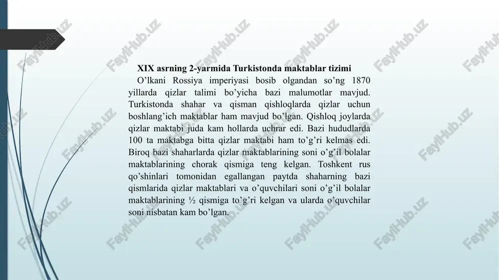 bi”, “tarbiyali xotun” va boshqa sharq axloqiy madaniyatni o’z ichiga oluvchi fanlar o’qitlgan. a.p.xoroshxinning 1876 yildagi malumotga ko’ra, qizlar 7-11 yoshdan o’qitlgan, 11-15 yoshdan esa tkuvchilikka o’rgatlgan. bundan shu narsa kuzatladiki, qizlar maktablaridagi talim dasturlari o’g’il bolalar maktablari dasturlariga nisbatan kam qamrovli bo’lgan.o’rta osiyoda o’g’il va qiz bolalar birga talim oluvchi aralash maktablar bo’lganligi haqida malumotlar deyarli uchramaydi. 1906 yil kaspiyorti viloyati maktablarining ahvoli haqida malumot bergan n.p.ostroumov turkmanlar orasida, bazi joylarda o’g’il va qiz bolalar birga talim oluvchi maktablar mavjud bo’lganligi, ularda atgi ikki yoki uch yil davomida talim berilishi haqida malumot beradi. chor rossiyasining ta’lim siyosati yerli xalqning aksariy qismi, ba’zi rusparast boy-zodagonlarni hisobga olmaganda, o’z bolalarini rus-tuzem maktablariga berishning oqibatlaridan cho’chir edi. bu maktablarda birinchi navbatda pravoslav mahzabinig asoslari, rus tili, podshoni ulug’lovchi madhiyalar o’rgatilgani uchun mahalliy xalq bu ochiqdan-ochiq dinbuzarlikdan qochib o’z farzandlarini rus-tuzem maktablariga bermasdi. buni o’z vaqtida sirdaryo viloyatidagi rus maktablarini taftish etgan chor …