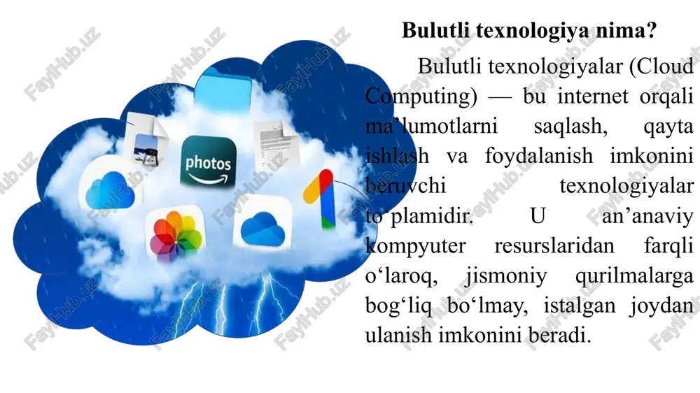 him yo‘nalishga aylandi. 5g texnologiyasi bulut xizmatlarining tezligini oshirdi. 2. bulutli texnologiyalarning asosiy xususiyatlari onlayn foydalanish – internet orqali kirish imkoniyati moslashuvchanlik – istalgan qurilmadan foydalanish masshtablilik – talabga qarab resurslarni oshirish yoki kamaytirish xavfsizlik – ma’lumotlarni shifrlash va himoya qilish tizimlari mavjud to‘lov tizimi – foydalanilgan resurslarga qarab haq to‘lash (pay-as-you-go) 3. bulutli texnologiyalar turlari xizmat sifatida dasturiy ta’minot (saas – software as a service) tayyor dasturlarni internet orqali ishlatish misollar: google docs, microsoft 365, dropbox xizmat sifatida platforma (paas – platform as a service) dastur ishlab chiquvchilar uchun muhit misollar: google app engine, microsoft azure, aws elastic beanstalk xizmat sifatida infratuzilma (iaas – infrastructure as a service) virtual serverlar va saqlash resurslarini taqdim etish misollar: amazon web services (aws), google cloud, microsoft azure 1. saas (software as a service) – xizmat sifatida dasturiy ta’minot saas – bu foydalanuvchilarga internet orqali dasturiy ta’minotni taqdim etish modelidir. bu modelda dasturlar …