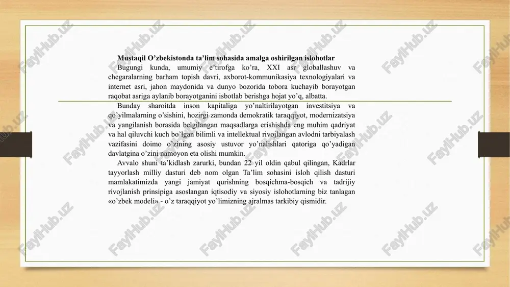 bo’lgan yoshlar tashkil etishini hisobga oladigan bo’lsak, bu islohotlarning roli va ahamiyati o’z-o’zidan tushunarli va ravshan bo’ladi. mustaqillik yillarida ta’lim jarayonini yangicha talablar asosida tashkilqilish, takomillashtirish bo’yicha olib borilgan jiddiy izlanishlar natijasida avvallari faqat aholining umumiy savodxonligini ta’minlash bilan cheklangan ta’lim mazmuni tubdan yangilandi. mdh davlatlari ichida birinchi bo’lib davlat ta’lim standartlari ishlab chiqildi va joriy etildi. amaliyot jarayonida ta’lim turlariaro uzviylikni, uzluksizlikni ta’minlash maqsadida o’quv fanlari bo’yicha dts hamda o’quv dasturlari takomillashtirilmoqda, muvofiq-lashtirilmoqda. ta’lim muassasalarida 9875ta fizika, 9487ta kimyo laboratoriya xonalari, 9390ta biologiya xonalari tashkil etilib, zamonaviy o’quv-laboratoriya jihozlari bilan to’ldirildi. shuningdek, barcha ta’lim muassasalaridagi «ma’naviyat va ma’rifat», kasbga yo’naltirish, chizmachilik, tasviriy san’at va rassomlik, chet tili xonalari hamda faollar zali, tibbiyot xonasi, ma’muriy-metodik xona va barcha turar joylar zamonaviy mebel va maxsus jihozlar bilan bekamu ko’st ta’minlandi. o’tgan yillar mobaynida ta’lim tizimini tubdan yangilash va isloh etish bo’yicha miqyosi va ko’larniga ko’ra ulkan ishlar amalga oshirildi. qariyb 9,5 …
