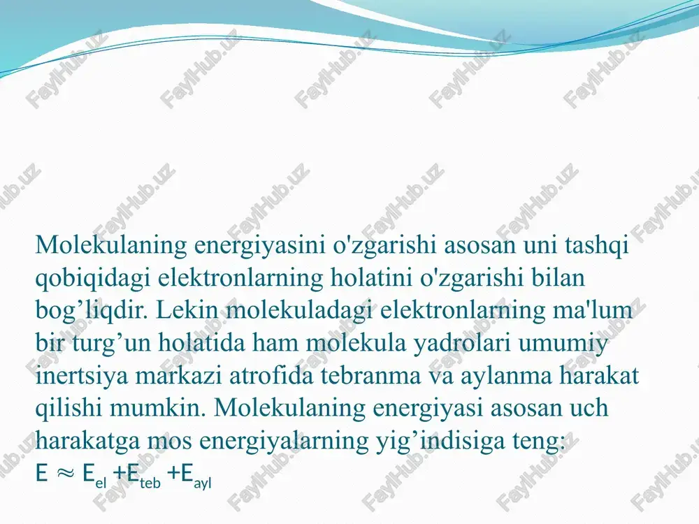 lyati o'rtacha bo'lgan spektral optik asboblarda bu chiziqlar tutashib ketgandek, yo'l-yo'l bo'lib ko'rinadi. lekin ajrata olish qobilyati katta bo'lgan optik asboblarda ularni bir-biriga juda yaqin joylashgan, alohida chiziqlardan iborat ekanini ko'rish mumkin va bu yo'llarning kichik chastotalar tomonidagi chegarasi keskin, chastotaning katta qiymatlari tomonidagi chegarasi esa suvashgan ekanini ko'rish mumkin. molekuladagi atomlar soni ortishi bilan molekula spektri murakkablashib, faqat keng yo'llar ko'rina boshlaydi. aylanma harakat energiyasi eayl+ etebr bo’lganligi uchun tebranma va aylanma harakat qilayotgan molekulaning energiyasi bo’lgan ema ni em ga teng deb qabul qilishimiz mumkin. bu holda biz tebranma harakat spektriga tegishli, aloqador qonuniyatlar bilan to’g’ridan-to’g’ri tanishish imkoniyatiga ega bo’lamiz. tebranma harakat qilayotgan 2 atomli molekulaning energiyasini nazariy ravishda shredinger tenglamasini yechish yo’li bilan topsa bo’ladi. w-to’liq energiya; u(x,y,z)-potensial energiya w-u(x,y,z)-kinetik energiya, ya’ni tebranma harakat energiyasi. tekshirish uchun chiziqli (masalan 2 atomli molekulani olgan bo’lsak, tebranish faqat x-o’qi bo’yicha ro’y beradi, u holda shredinger tenglamasi x-ning o’rniga atomlar …