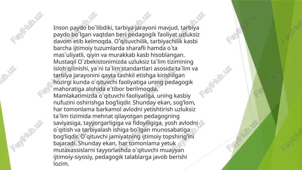 irinchidan, pedagog jamiyatning fuqarosi sifatida o`z mavqei va faol o`rnini o`quvchilarga namoyish eta olishi lozim. xususan, uning jamiyat va o`z jamoasidagi o`rni, tanlagan kasbi, o`qitayotgan predmeti bo`yicha chuqur bilimga ega bo`lishi, talab va qoidalarga amal qilishi, me`yor va qonunlarni hurmat qilishi lozim. ikkinchidan, pedagogning e`tiqodi va bilimdonligi uning yangi bilimlar, o`zi tanlagan sohasidagi yangiliklarga nisbatan qiziqishida namoyon bo`ladi. uchinchidan, e`tiqodli va bilimdon pedagog o`ziga xos fikrlash tarzi bilan ajralib tura olishi shart. chunki, yoshlar shunday noyob, qaytarilmas, andozasiz fikrlash sharoitidagina mustaqil fikrlashga o`rganadilar va fanni boshqa fanlardan ajrata oladilar. bugungi pedagogdan yangicha fikrlash, yangicha munosabatlar talab etilar ekan. uning bilimdonligi darajasi masalasi ham o`ta muhim. bular quyidagilar: - ijtimoiy bilimdonlik dars mobaynida sinf bilan samarali o`zaro muomala shaklini tashkil eta olish, yoshlar bilan til toptirish va sog’lom ma`naviy muhitni hosil qila olish qobiliyati. - uslubiy bilimdonlik barcha bilimlarini, ko`rgan-kechirganlarni yoshlarga tushunarli, ravon tilda yetkaza olishi, ta`lim texnologiyasi va metodlaridan boxabarlik …