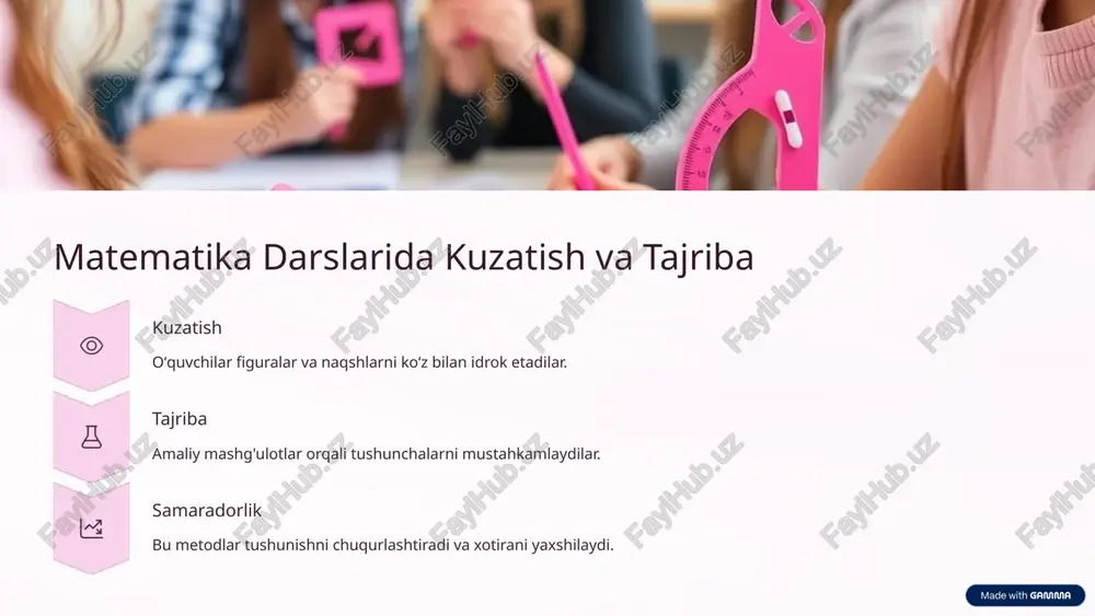ndang. 8 metodlarni birgalikda qoʻllash 1 integratsiyalashgan yondashuv har bir metodning kuchli tomonlaridan foydalanish. 2 kompleks tushunish oʻquvchilarning tushunchalarini chuqurlashtirish. 3 dars samaradorligi oʻqitish jarayonini yanada qiziqarli qilish. 9 xulosa va tavsiyalar 4 metod kuzatish, tajriba, taqqoslash, analogiya. 100% samaradorlik dars sifatini oshiradi. ✅ tavsiya barcha oʻqituvchilar uchun. 10 image1.png image2.png image3.png image4.png image5.png image6.png image7.png image8.png image9.png image10.png image11.png image12.png image13.png image14.png image15.png image16.png image17.png image18.png image19.png image20.png image21.png image22.png image23.png image24.png image25.png image26.png image27.png image28.png image29.png made with gamma cae x==25)36) y+3,x== 2419 r(415x2=+2)+49 oe eto (5+2)x== 3,5)+3)8)