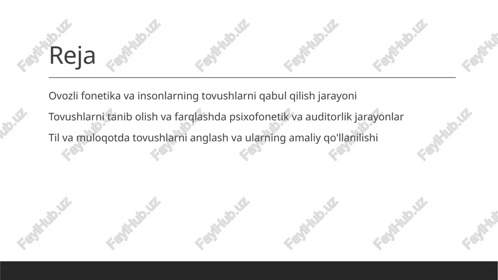 z ichiga oladi. bu jarayonlar miyada tovush signallarini qayta ishlash va ularni ma'noga aylantirishga yordam beradi. 2 neurofiziologik mexanizmlar tovushlarni qabul qilishda asab tizimining faoliyati muhim rol o'ynaydi, ayniqsa, quloq va miya o‘rtasidagi hamkorlik tovushlarni aniqlashda asosiy bo‘ladi. bu jarayonlar insonning tovushlarni farqlash va tushunish qobiliyatini ta'minlaydi. 3 psixologik jarayonlar psixologik faktorlar, masalan, diqqat va xotira, tovushlarni qabul qilishda muhim rol o‘ynaydi. ular insonning tovushlarga bo‘lgan munosabatini va ularga javob berish tarzini shakllantiradi. psixofonetik jarayonlar va tovushlarni tanib olish mexanizmlari tovushlarning identifikatsiyasi psixofonetik jarayonlar tovushlarni farqlash va tanib olish uchun miya va quloq o‘rtasidagi murakkab aloqani tashkil etadi. bu jarayonlar insonning nutqdagi tovushlarni aniqlashiga yordam beradi. akustik signallar va qabul tovushlar akustik signallar sifatida qabul qilinadi, ularning xususiyatlarini aniqlash va analiz qilish orqali miya tovushlarni identifikatsiya qiladi. kognitiv mexanizmlar tovushlarni tanib olishda kognitiv jarayonlar muhim rol o‘ynaydi. bu jarayonlar eshitilgan tovushlar bilan ma'lumotlarni bog‘lash va ularni to‘g‘ri identifikatsiya qilishga imkon …