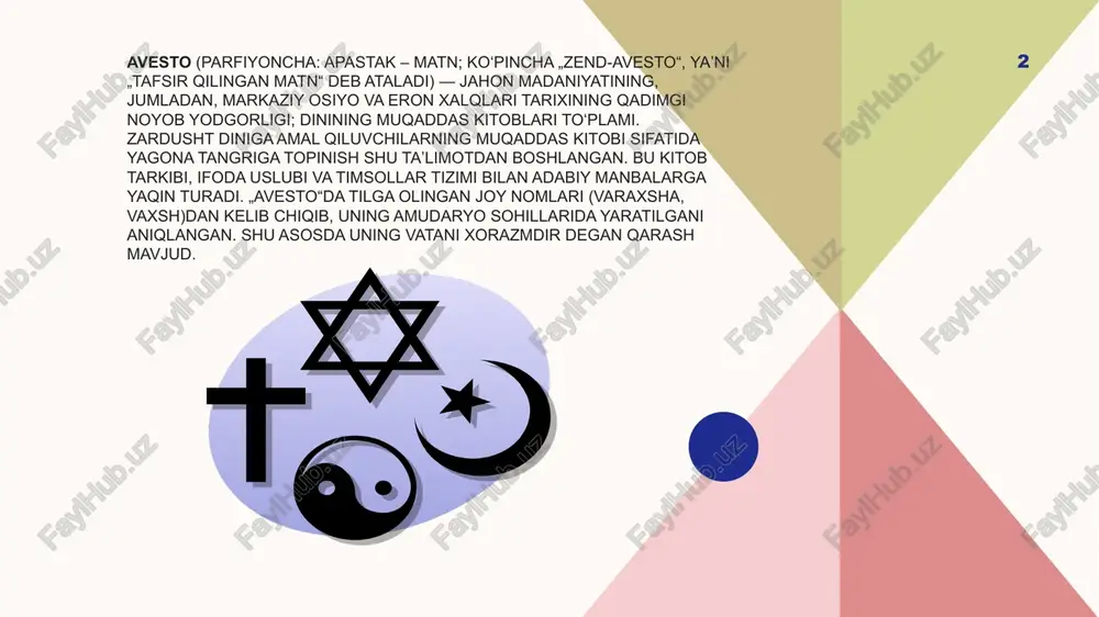 ketadi. masalan, nur bilan qorong‘ulik, hayot bilan o‘lim, ezgulik bilan yomonlik, qonun bilan qonunsizlik o’rtasida. zardushtiylar hayotining asosiy mazmuni xayrli ish, shirin so‘z, olijanob o‘y-fikrdan xborat bo‘lgan. insonning asosiy burchi adolatli turmush tarzi bo‘lmog‘i kerak. yaxshilikning yomonlik ustidan g‘alaba qilishini ko‘zlab yashash kerak: yo!g‘on gapirmaslik, so‘zning ustidan chiqmoq, faqat yaxshilik qilmoq. zardusht dini bo‘yicha har bir inson hayot yo‘lini o‘zi belgilaydi; kimga yon bosmoqlik, kimni himoya qilishni o‘zi hal qiladi. avesto» asarida inson shaxsining kamolotga erishishiga oid fikrlar ifoda etilgandir. mazkur asar g’oyalari orqali qadimgi davrlarda mamlakatimiz hududida yashagan xalqlarning tabiiy, ilmiy, ma’rifiy hamda ijtimoiy qarashlari borasida muhim malumotlarga ega bo’lamiz. « avesto » diniy xarakterga ega bo’lish bilan birga, o’zida falsafiy, siyosiy, filologik, va tarbiyaviy masalalarni ham qamrab olgan. zardushtiylik dinining g’oyalari xususida so’z borganda, ularning to’g’rilik bilan yashash va axloqiy unsurlarga asoslanganligini alohida ta’kidlab o’tish lozim. ushbu afsonada gunoh va uning jazosi, poklikning mohiyati ta’riflanib olov, suv, er, …