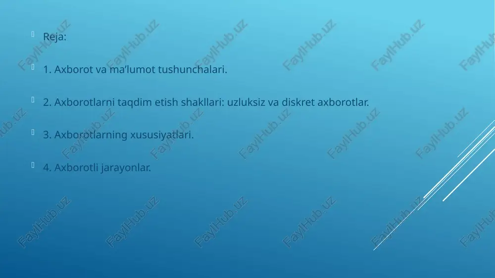 5.raqamli axborot – elektron shaklda kodlanadi. (masalan: fayllar) raqamli axborot – bu raqamlar, kodlar yoki kompyuter algoritmlari yordamida kodlangan va saqlangan ma'lumotdir. raqamli axborot texnologiyalar va elektron qurilmalar (kompyuterlar, telefonlar, serverlar) orqali uzatiladi, qayta ishlanadi va boshqariladi. vizual axborot – bu tasvirlar, diagrammalar, grafiklar, rasmlar, videolar yoki boshqa ko‘rish orqali qabul qilinadigan shakldagi ma'lumotdir. u insonning ko‘z orqali qabul qilish qobiliyatiga asoslanib taqdim etiladi va tushunishni osonlashtiradi. yozma axborot – bu matn shaklida ifodalangan va qog‘ozda yoki elektron vositalar orqali uzatiladigan axborot turi. yozma axborot odatda aniq va tushunarli ko‘rinishda bo‘lib, hujjatlash, saqlash va uzatish uchun ishlatiladi. axborotning xususiyatlari axborotning sifatini belgilovchi asosiy xususiyatlar: ishonchliligi – aniqlik va haqiqatga moslik. aktualligi – dolzarb va o‘z vaqtida bo‘lishi. to‘liqligi – barcha kerakli ma'lumotni o‘z ichiga olish. aniqligi – xatoliklarning yo‘qligi. foydaliligi – maqsadga muvofiq qo‘llanilishi. e’tiboringiz uchun raxmat image1.png image2.png image3.png image4.png image5.png image6.png axborotning eng kichik olchov birligi — bit …